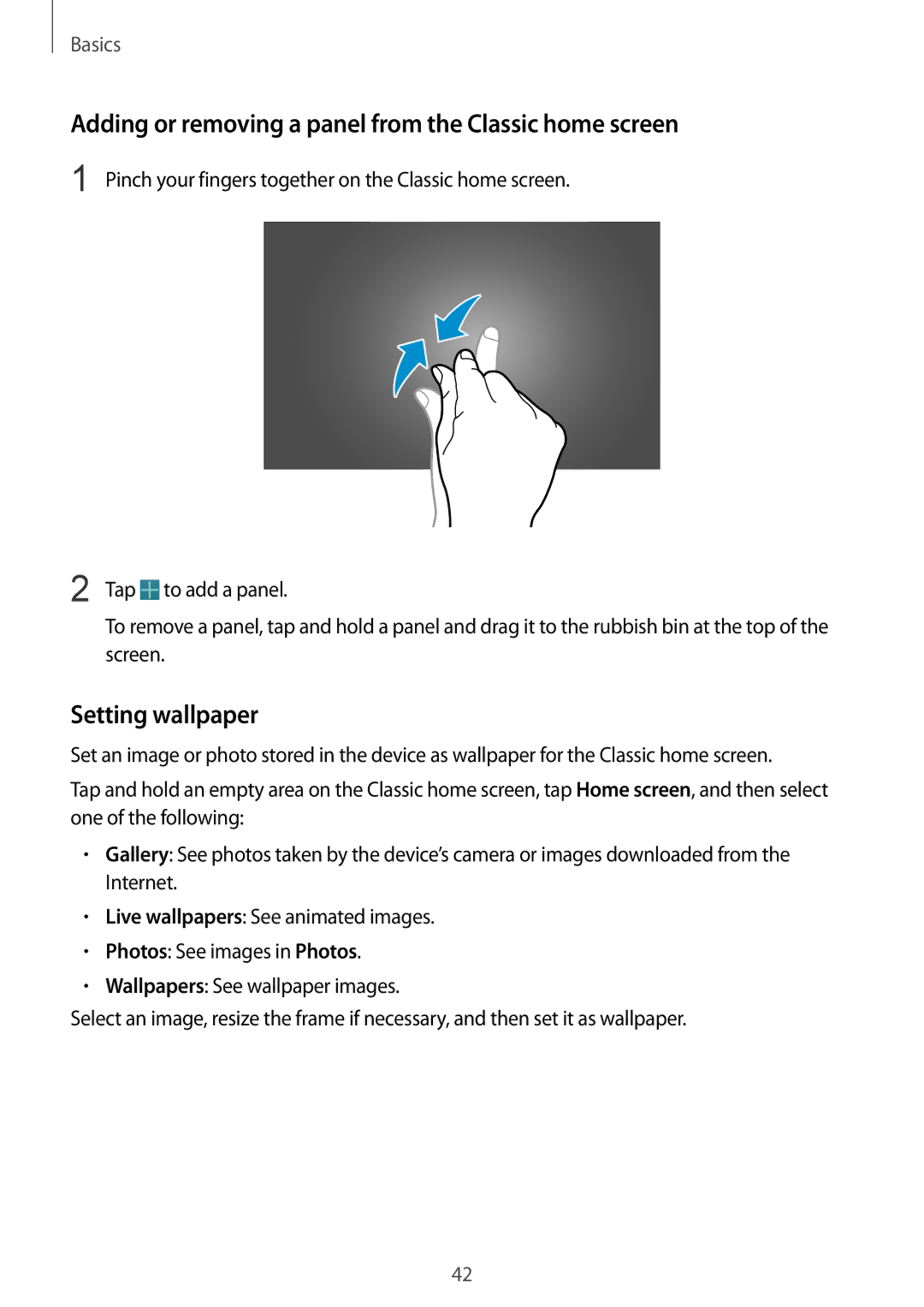 Samsung SM-P9050ZWATPH, SM-P9050ZWADBT manual Adding or removing a panel from the Classic home screen, Setting wallpaper 