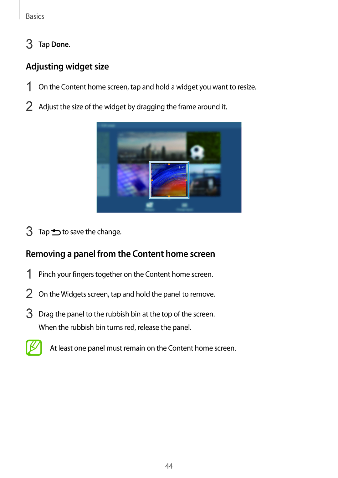 Samsung SM-P9050ZKAXEO, SM-P9050ZWADBT manual Adjusting widget size, Removing a panel from the Content home screen, Tap Done 