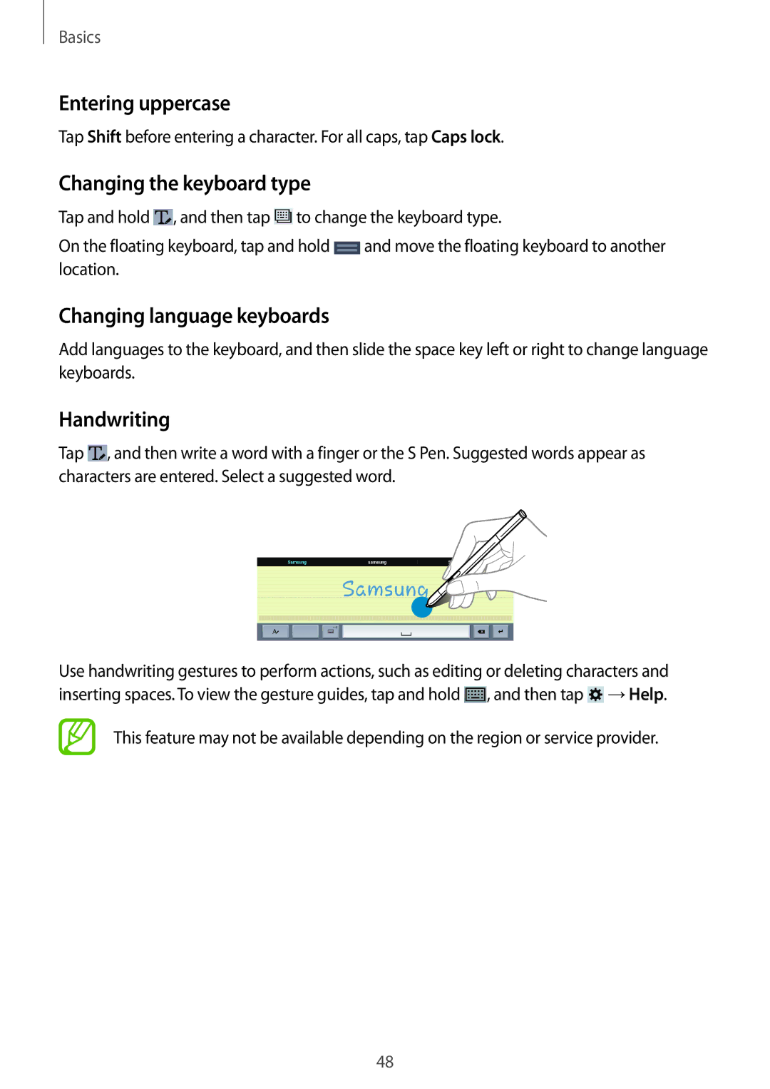 Samsung SM-P9050ZKAITV manual Entering uppercase, Changing the keyboard type, Changing language keyboards, Handwriting 