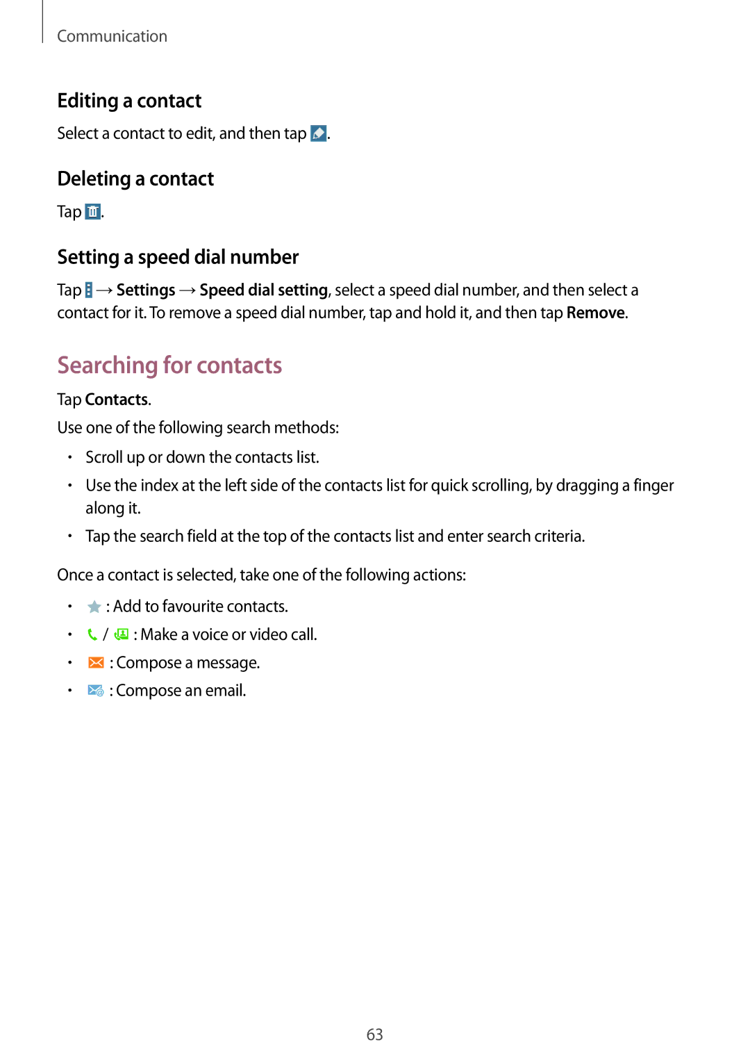 Samsung SM-P9050ZWAEUR manual Searching for contacts, Editing a contact, Deleting a contact, Setting a speed dial number 