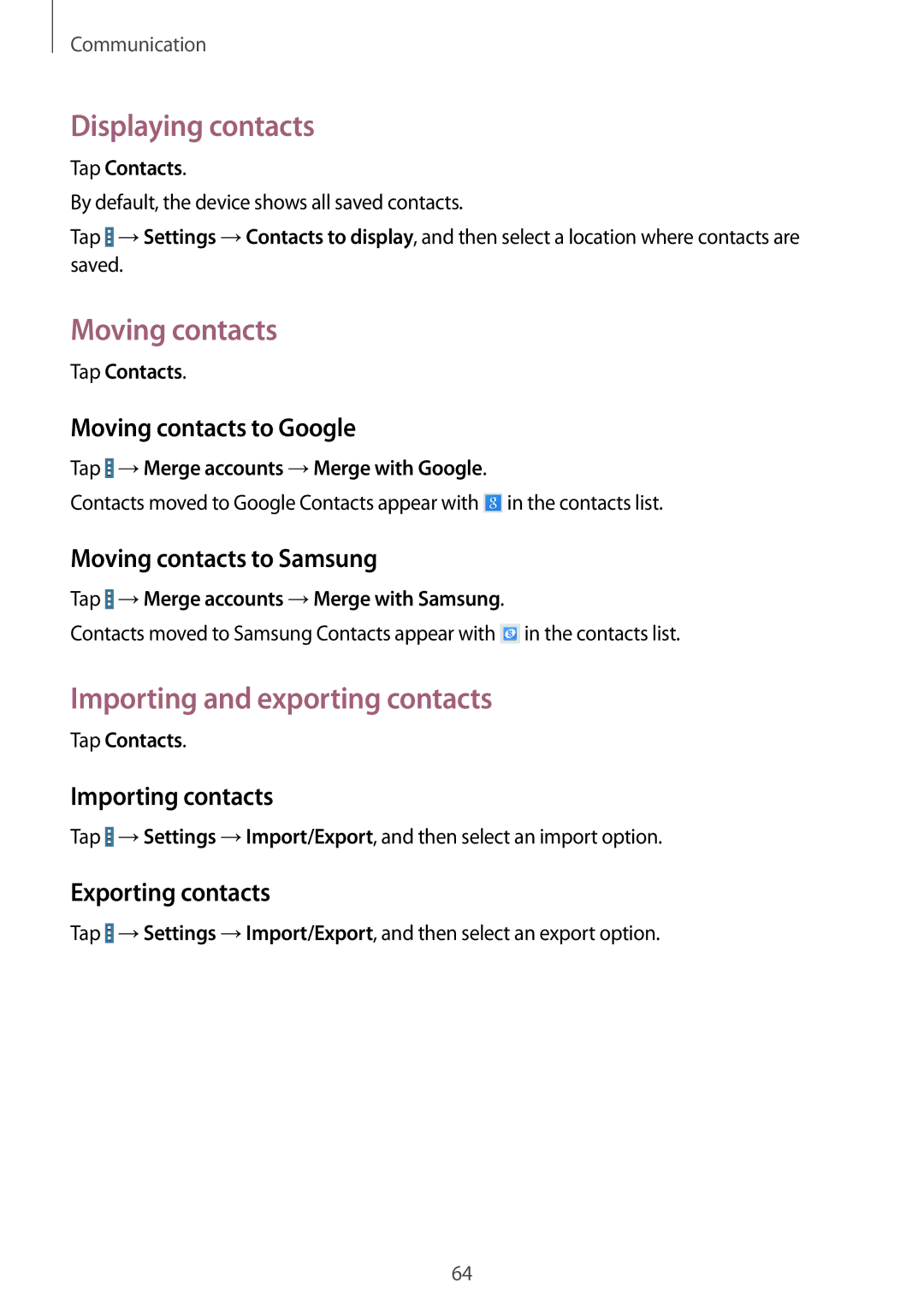 Samsung SM-P9050ZKAXEH, SM-P9050ZWADBT manual Displaying contacts, Moving contacts, Importing and exporting contacts 