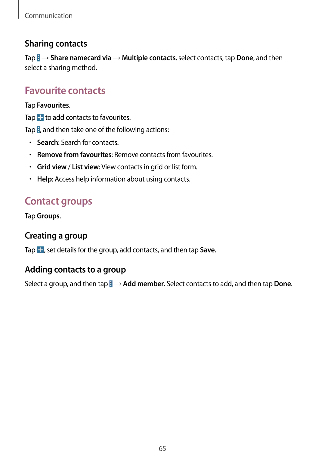 Samsung SM-P9050ZWANEE Favourite contacts, Contact groups, Sharing contacts, Creating a group, Adding contacts to a group 