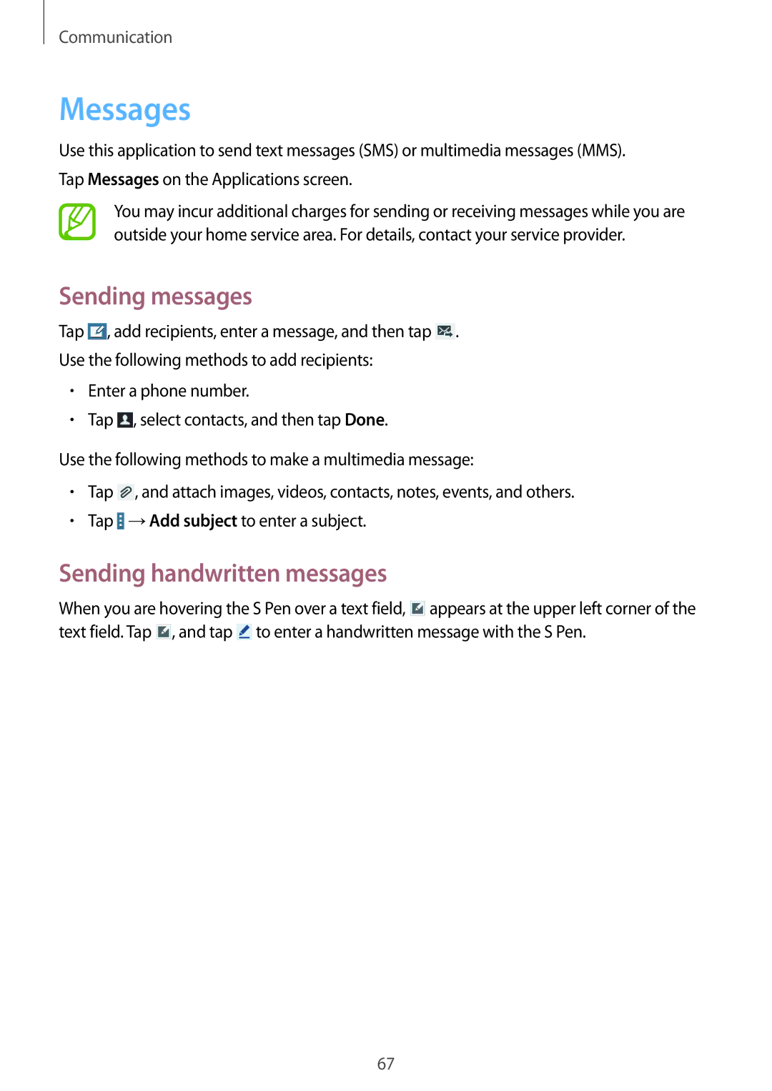 Samsung SM-P9050ZKANEE, SM-P9050ZWADBT, SM-P9050ZWAATO manual Messages, Sending messages, Sending handwritten messages 