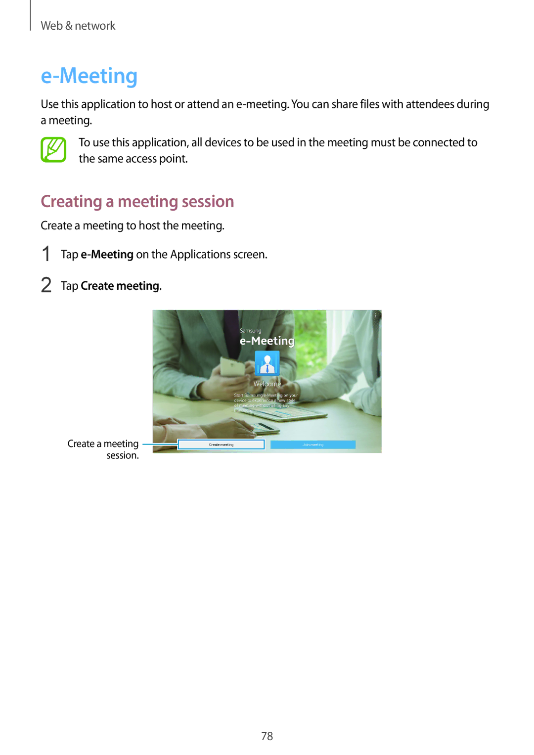 Samsung SM-P9050ZKATPH manual Meeting, Creating a meeting session, Create a meeting to host the meeting, Tap Create meeting 