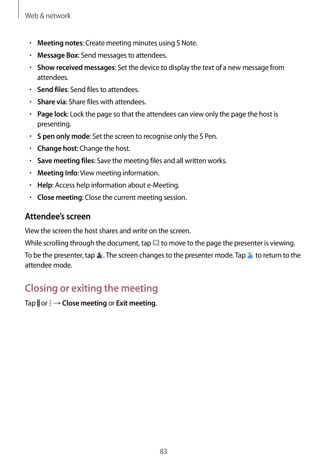 Samsung SM-P9050ZWAXEF manual Closing or exiting the meeting, Attendee’s screen, Tap or →Close meeting or Exit meeting 