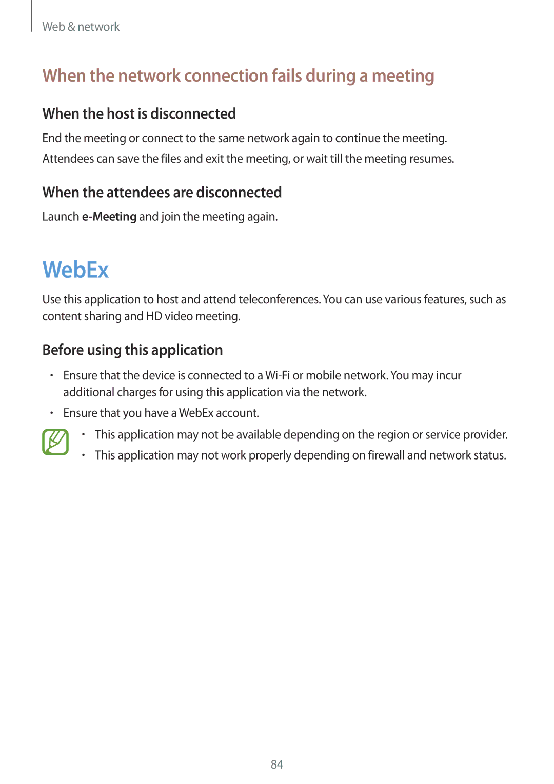 Samsung SM-P9050ZKAXEF manual WebEx, When the network connection fails during a meeting, When the host is disconnected 