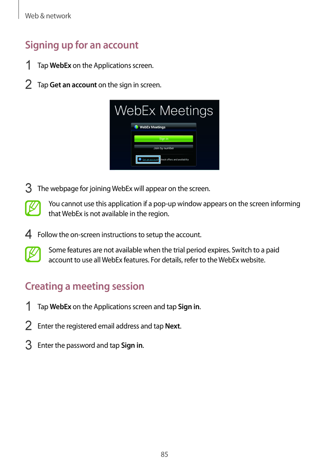 Samsung SM-P9050ZWYITV, SM-P9050ZWADBT, SM-P9050ZWAATO, SM-P9050ZKATPH Signing up for an account, Creating a meeting session 