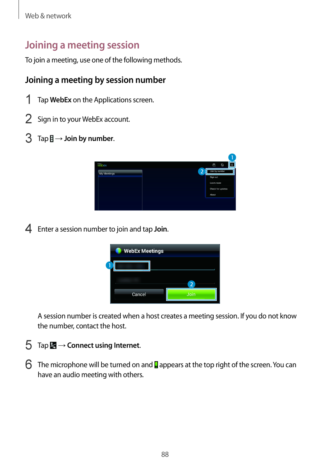 Samsung SM-P9050ZKAXSK, SM-P9050ZWADBT Joining a meeting session, Joining a meeting by session number, Tap →Join by number 