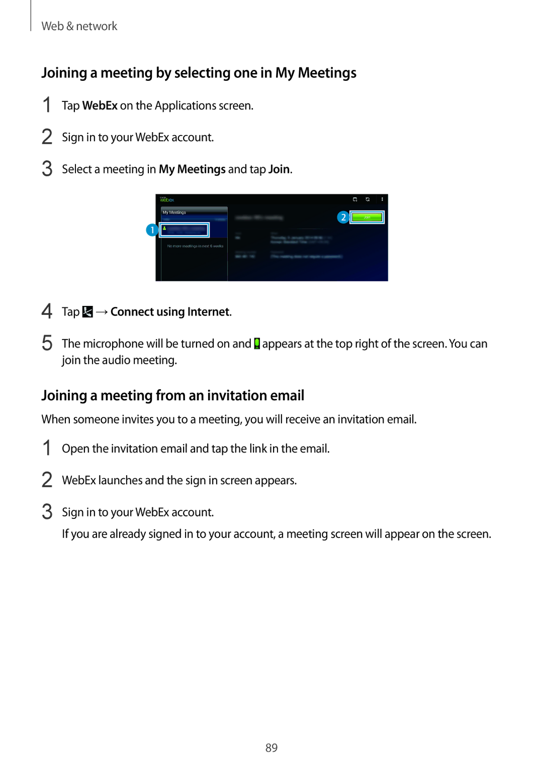 Samsung SM-P9050ZKAPHE manual Joining a meeting by selecting one in My Meetings, Joining a meeting from an invitation email 