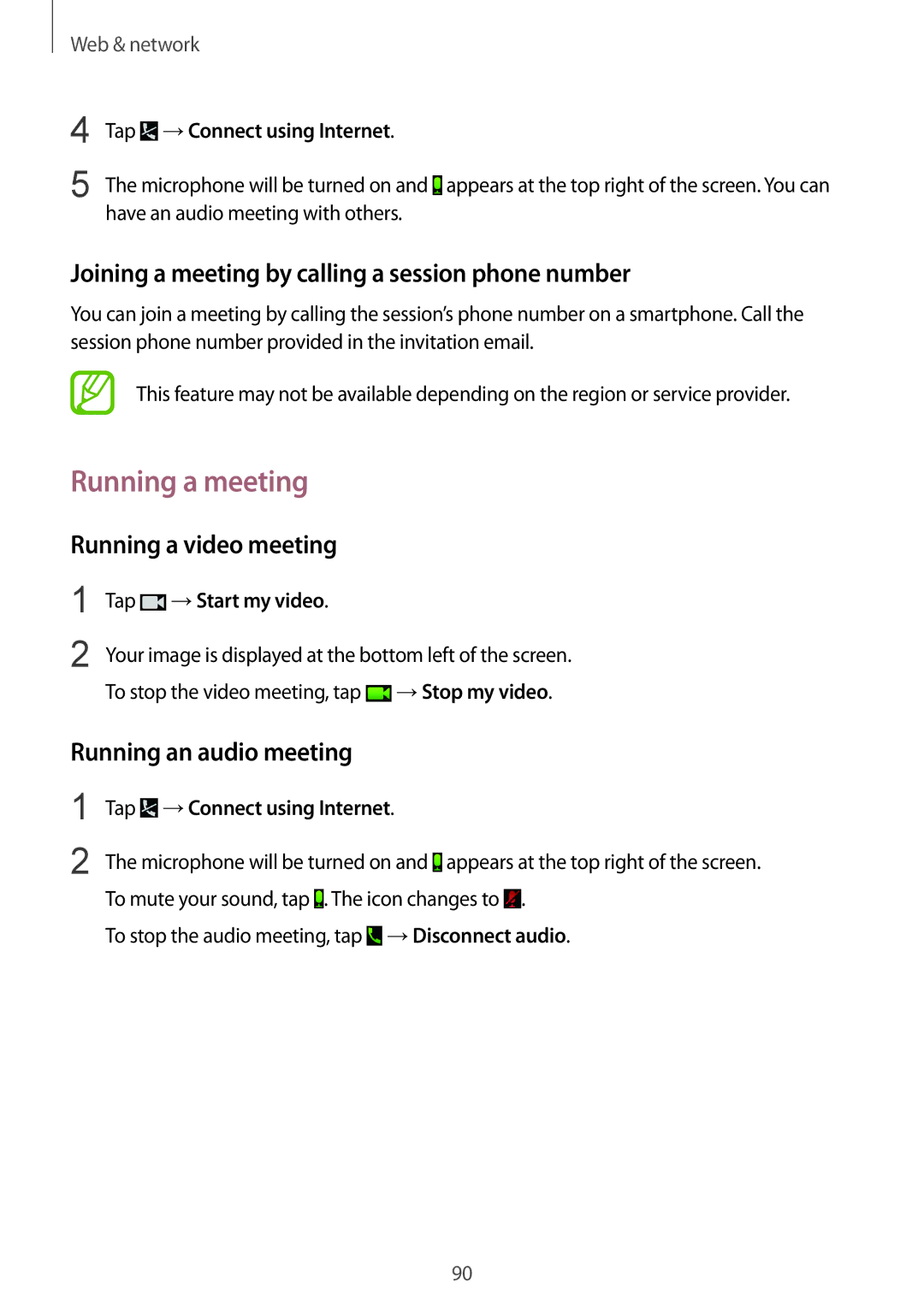 Samsung SM-P9050ZWAPHE Running a meeting, Joining a meeting by calling a session phone number, Running a video meeting 