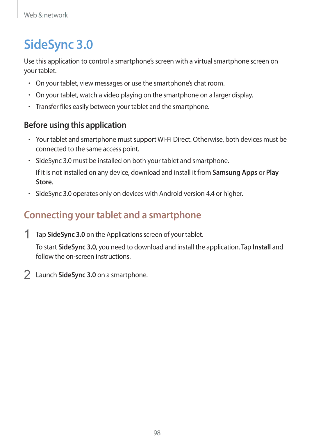 Samsung SM-P9050ZKAAUT, SM-P9050ZWADBT, SM-P9050ZWAATO, SM-P9050ZKATPH SideSync, Connecting your tablet and a smartphone 