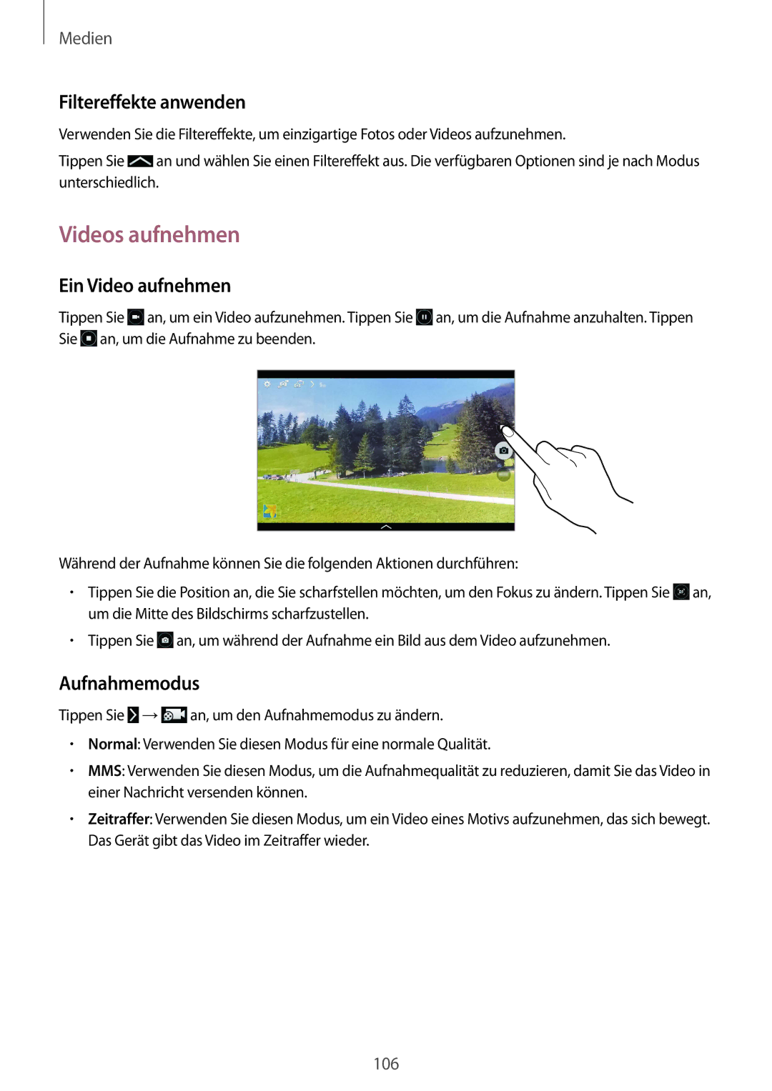 Samsung SM-P9050ZWAATO, SM-P9050ZWADBT, SM-P9050ZKATPH manual Videos aufnehmen, Filtereffekte anwenden, Ein Video aufnehmen 