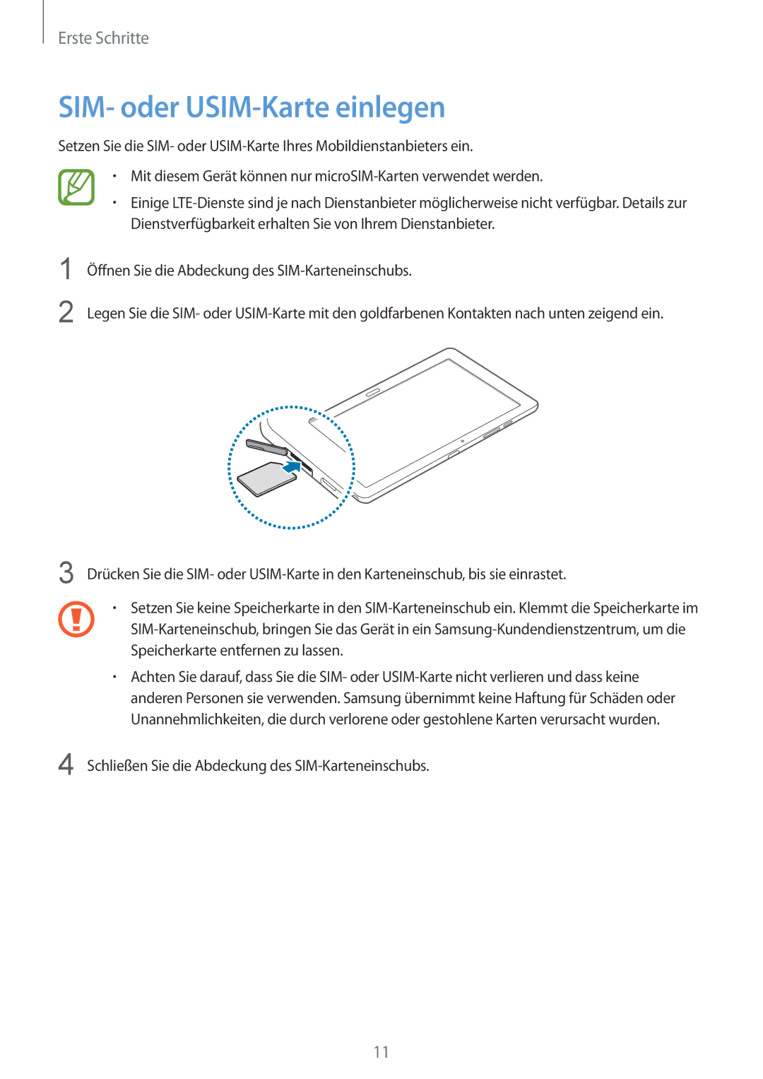 Samsung SM-P9050ZWATPH, SM-P9050ZWADBT, SM-P9050ZWAATO, SM-P9050ZKATPH, SM-P9050ZKADBT manual SIM- oder USIM-Karte einlegen 