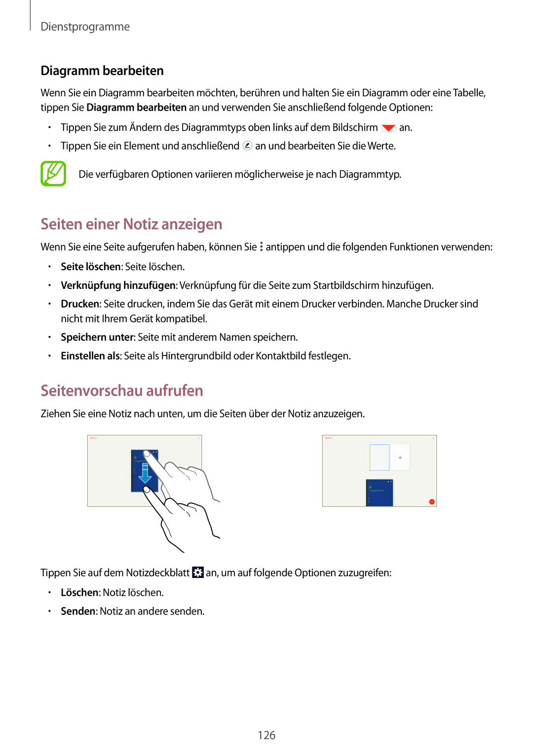 Samsung SM-P9050ZWADBT, SM-P9050ZWAATO manual Seiten einer Notiz anzeigen, Seitenvorschau aufrufen, Diagramm bearbeiten 