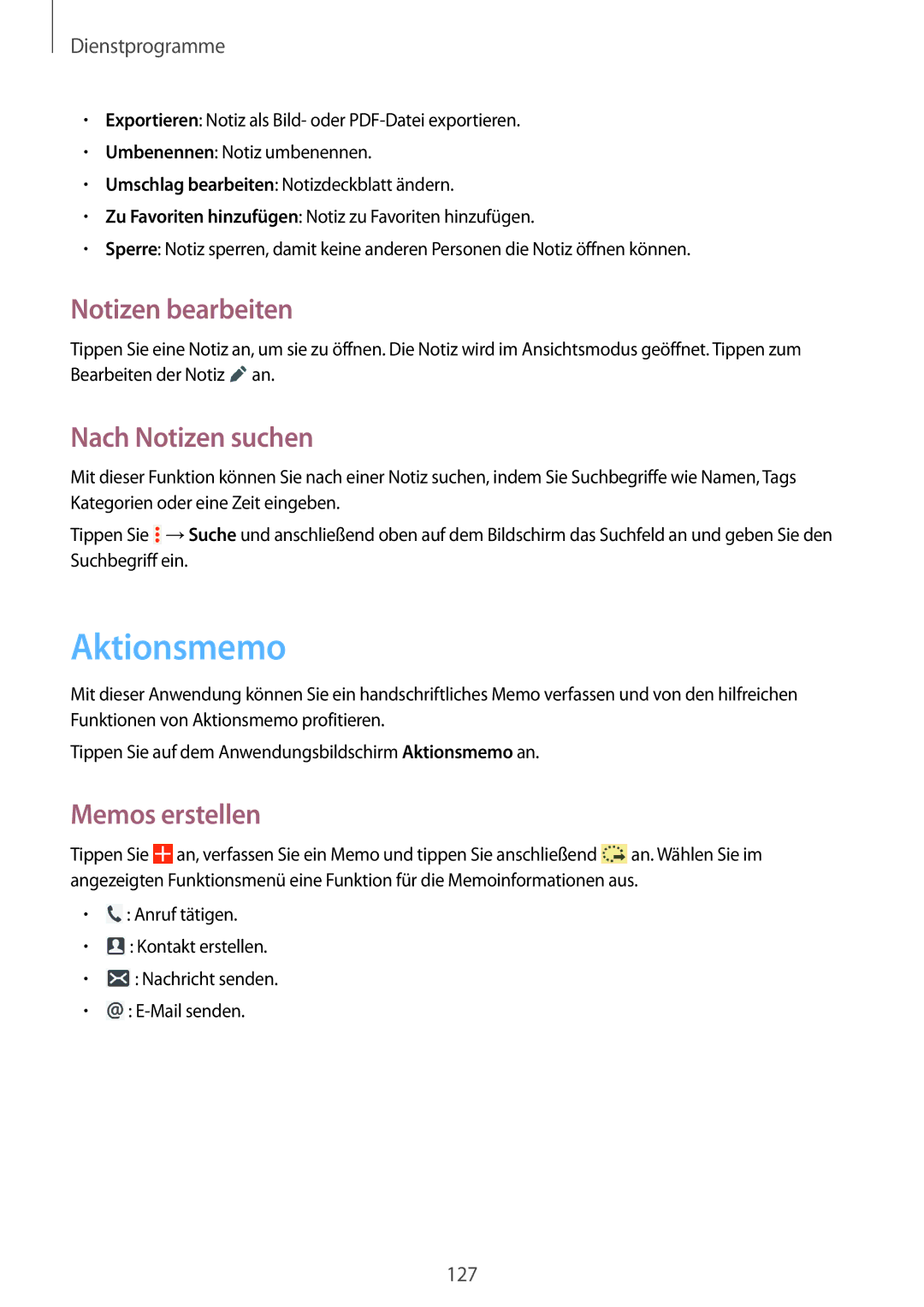 Samsung SM-P9050ZWAATO, SM-P9050ZWADBT manual Aktionsmemo, Notizen bearbeiten, Nach Notizen suchen, Memos erstellen 