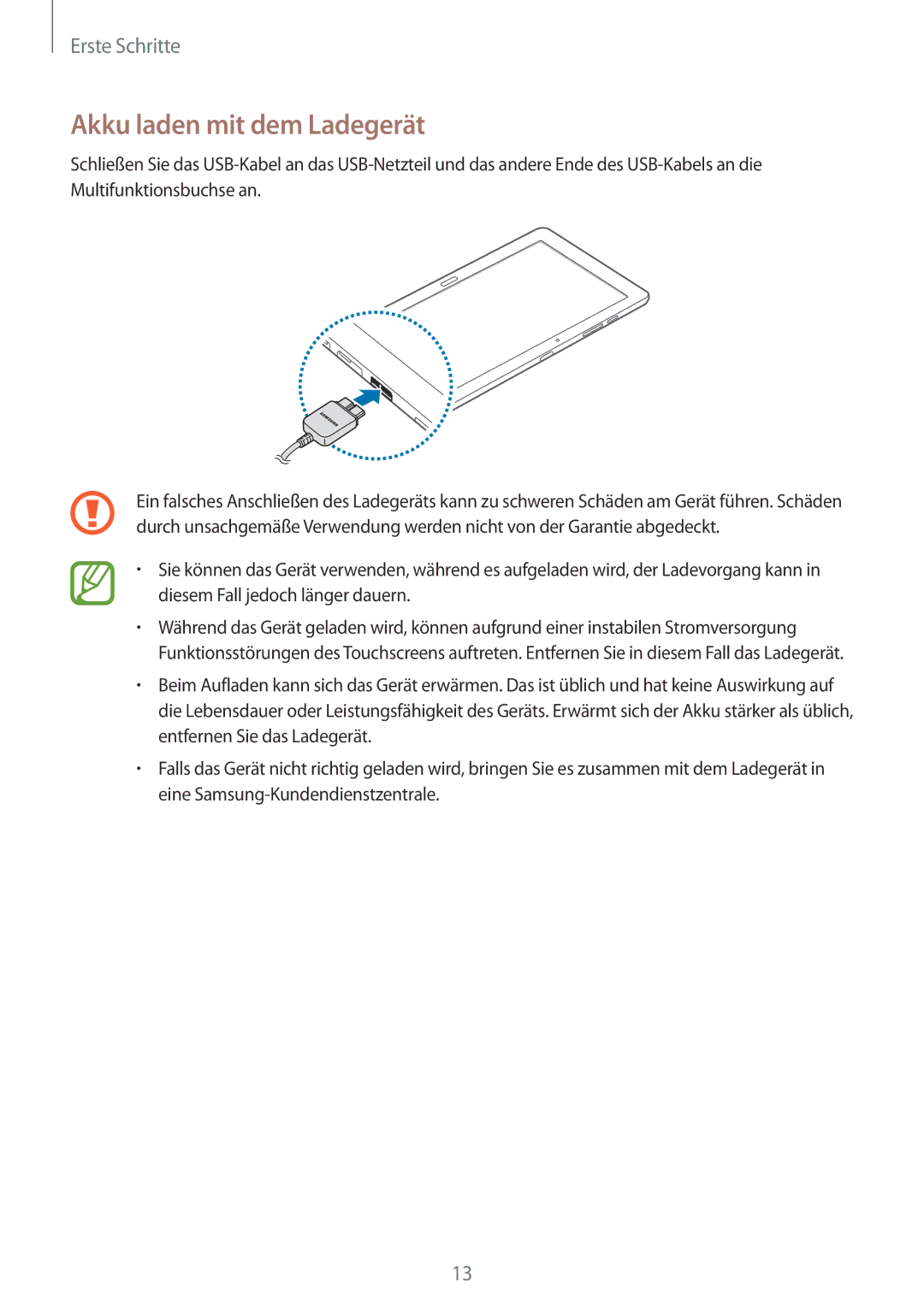 Samsung SM-P9050ZKAXEO, SM-P9050ZWADBT, SM-P9050ZWAATO, SM-P9050ZKATPH, SM-P9050ZKADBT manual Akku laden mit dem Ladegerät 