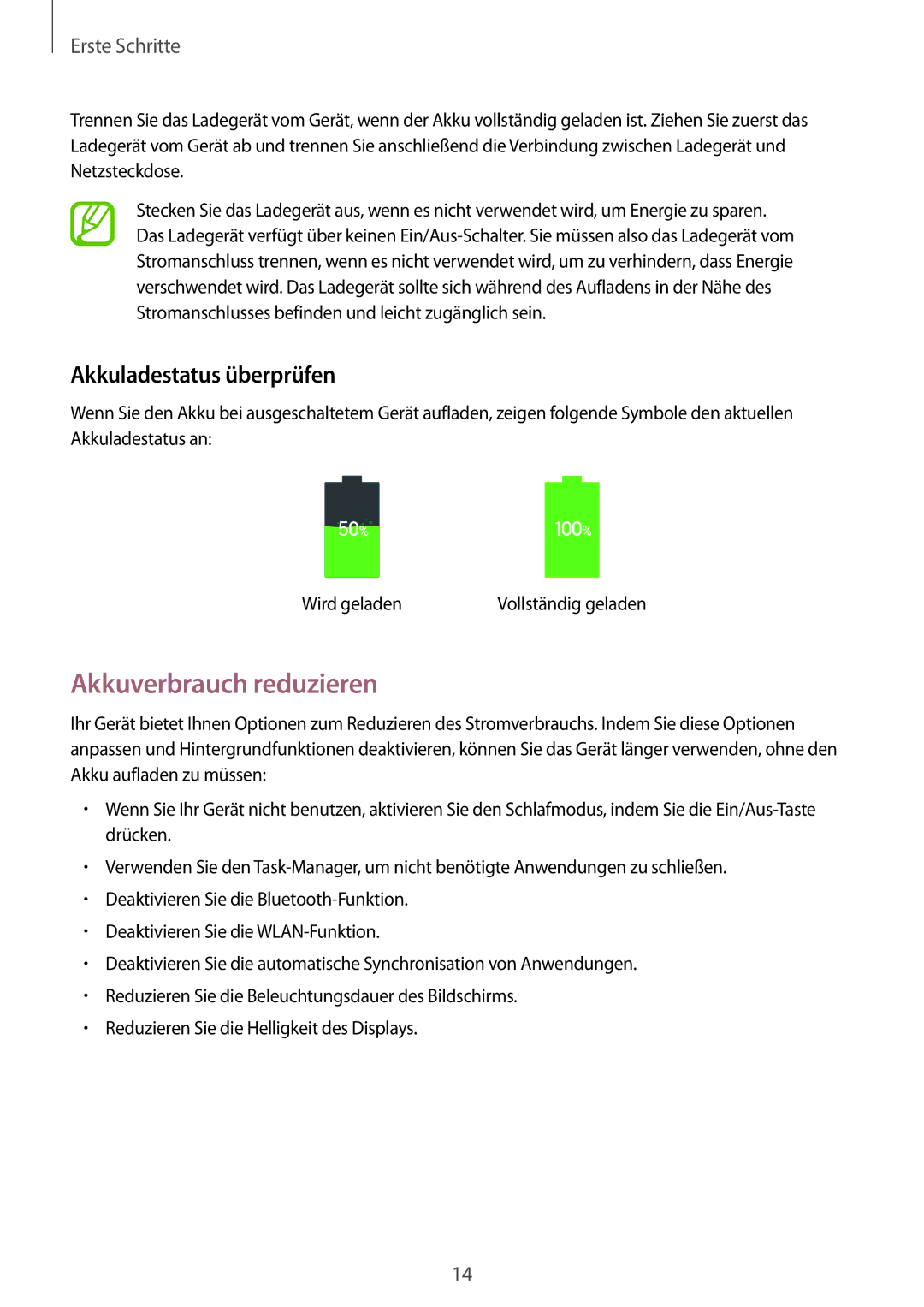 Samsung SM-P9050ZWADBT, SM-P9050ZWAATO, SM-P9050ZKATPH, SM-P9050ZKADBT Akkuverbrauch reduzieren, Akkuladestatus überprüfen 