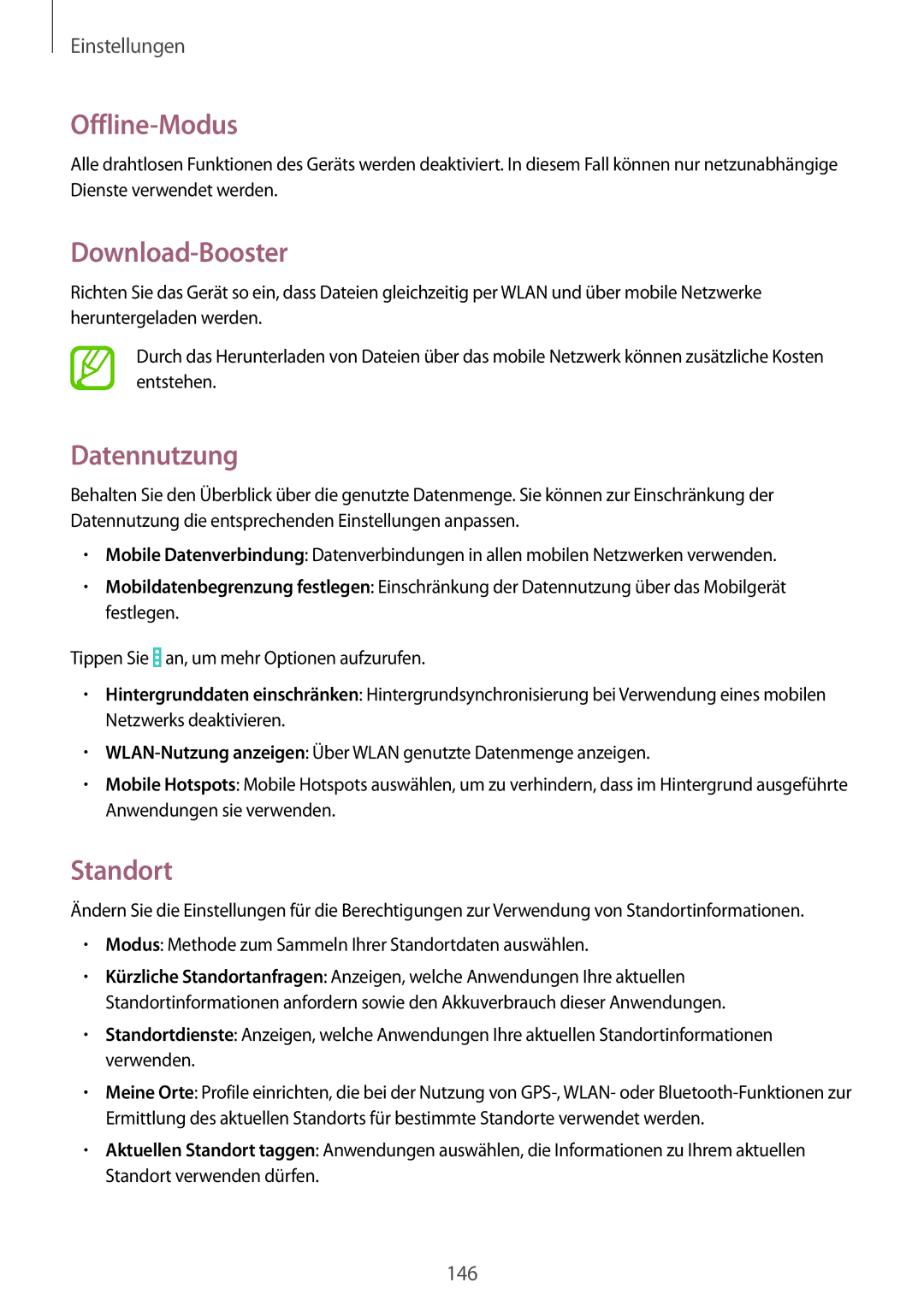 Samsung SM-P9050ZKAXEO, SM-P9050ZWADBT, SM-P9050ZWAATO manual Offline-Modus, Download-Booster, Datennutzung, Standort 