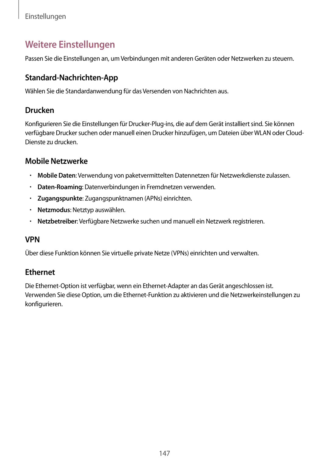 Samsung SM-P9050ZWADBT manual Weitere Einstellungen, Standard-Nachrichten-App, Drucken, Mobile Netzwerke, Ethernet 