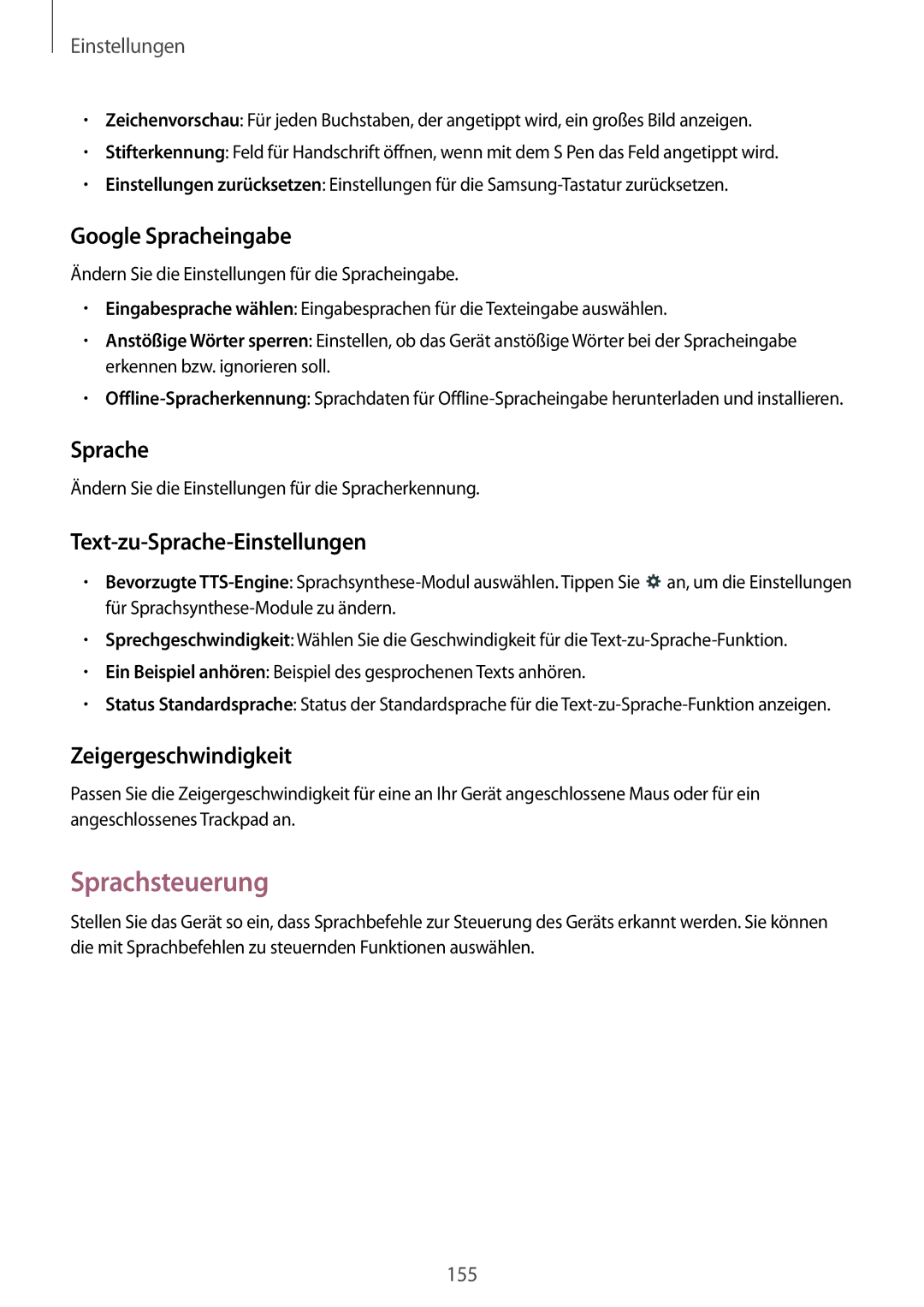 Samsung SM-P9050ZWAATO manual Sprachsteuerung, Google Spracheingabe, Text-zu-Sprache-Einstellungen, Zeigergeschwindigkeit 