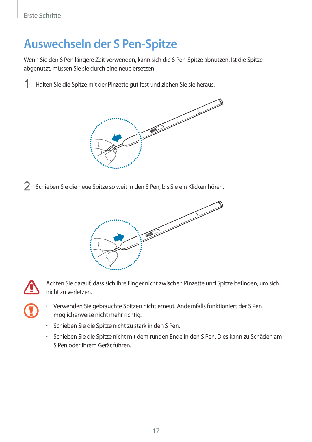 Samsung SM-P9050ZKADBT, SM-P9050ZWADBT, SM-P9050ZWAATO, SM-P9050ZKATPH, SM-P9050ZWATPH manual Auswechseln der S Pen-Spitze 