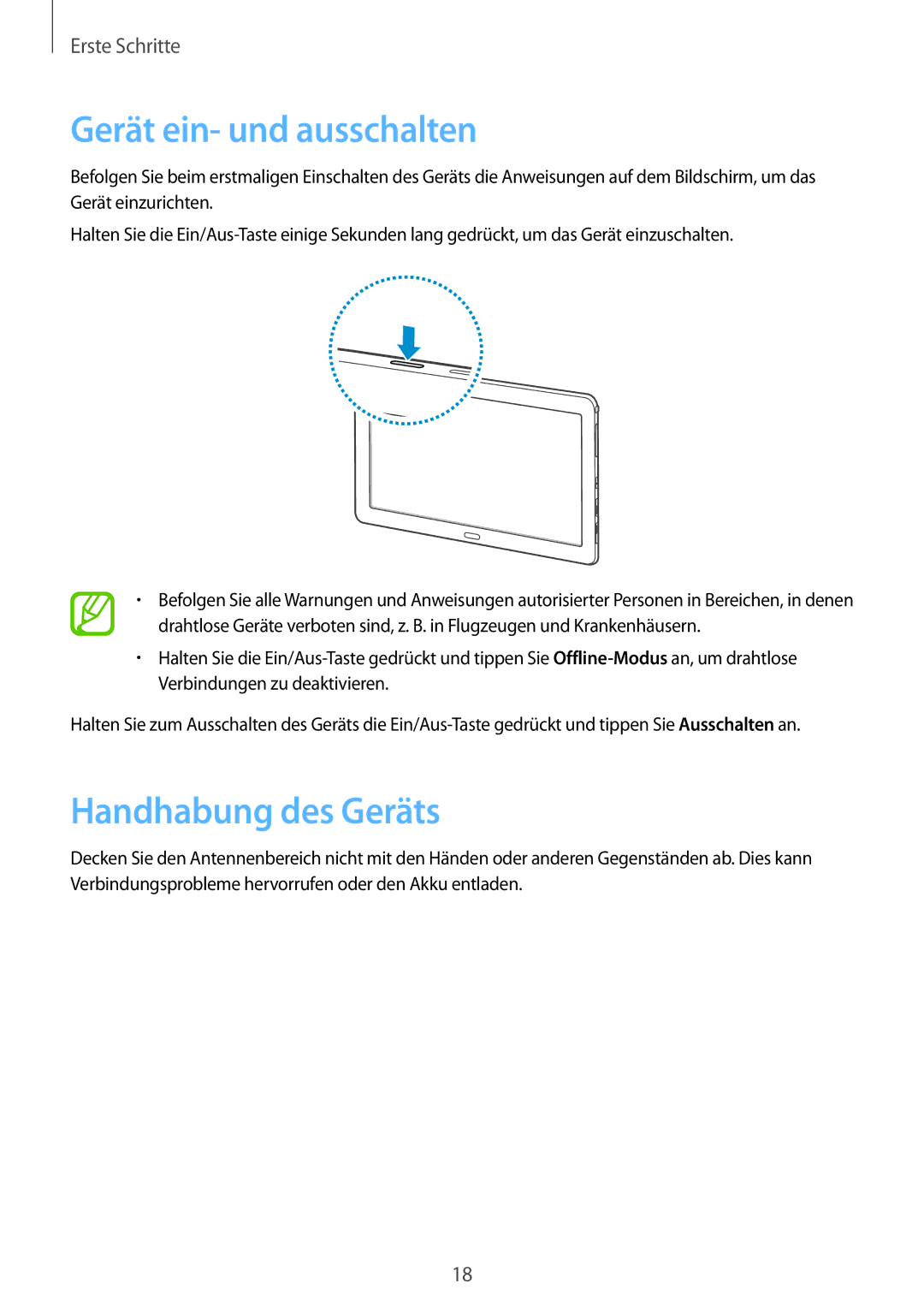 Samsung SM-P9050ZWATPH, SM-P9050ZWADBT, SM-P9050ZWAATO, SM-P9050ZKATPH Gerät ein- und ausschalten, Handhabung des Geräts 