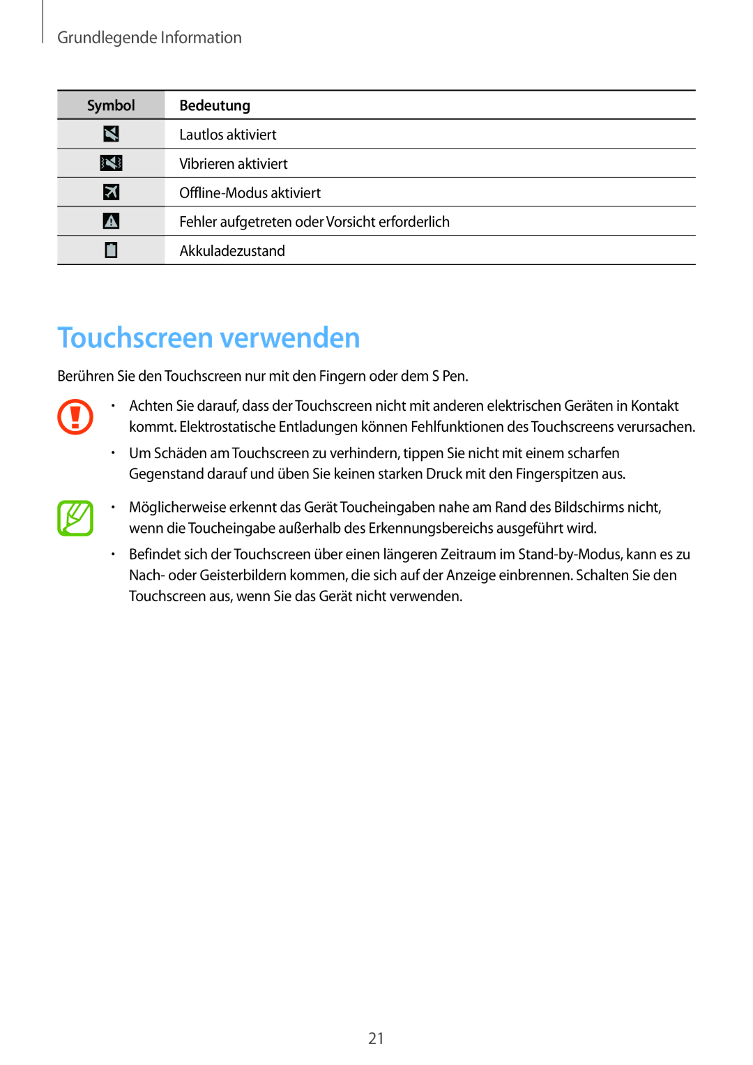 Samsung SM-P9050ZWADBT, SM-P9050ZWAATO, SM-P9050ZKATPH, SM-P9050ZKADBT manual Touchscreen verwenden, Grundlegende Information 