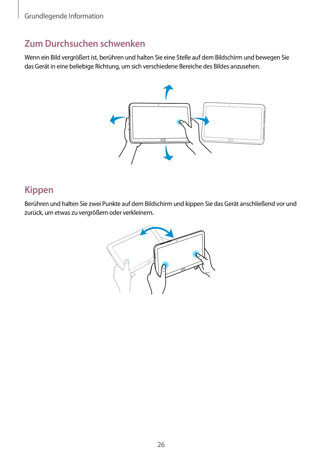 Samsung SM-P9050ZKAATO, SM-P9050ZWADBT, SM-P9050ZWAATO, SM-P9050ZKATPH, SM-P9050ZKADBT manual Zum Durchsuchen schwenken, Kippen 