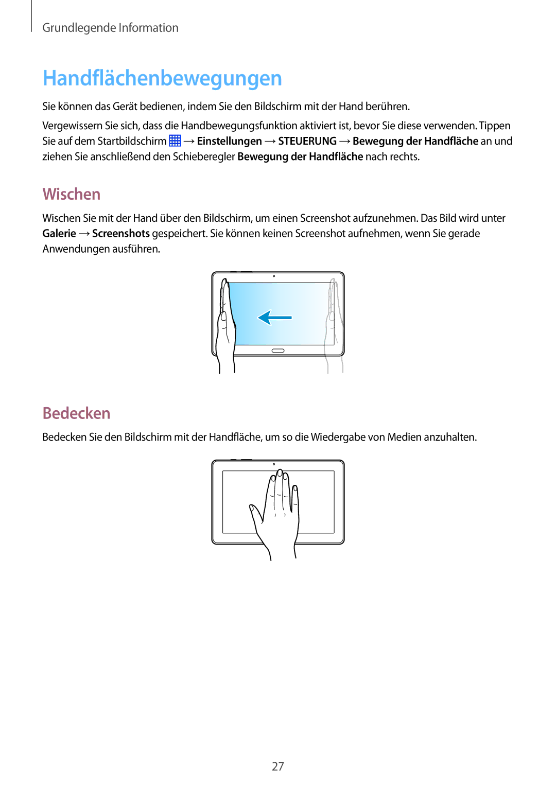 Samsung SM-P9050ZKAXEO, SM-P9050ZWADBT, SM-P9050ZWAATO, SM-P9050ZKATPH manual Handflächenbewegungen, Wischen, Bedecken 