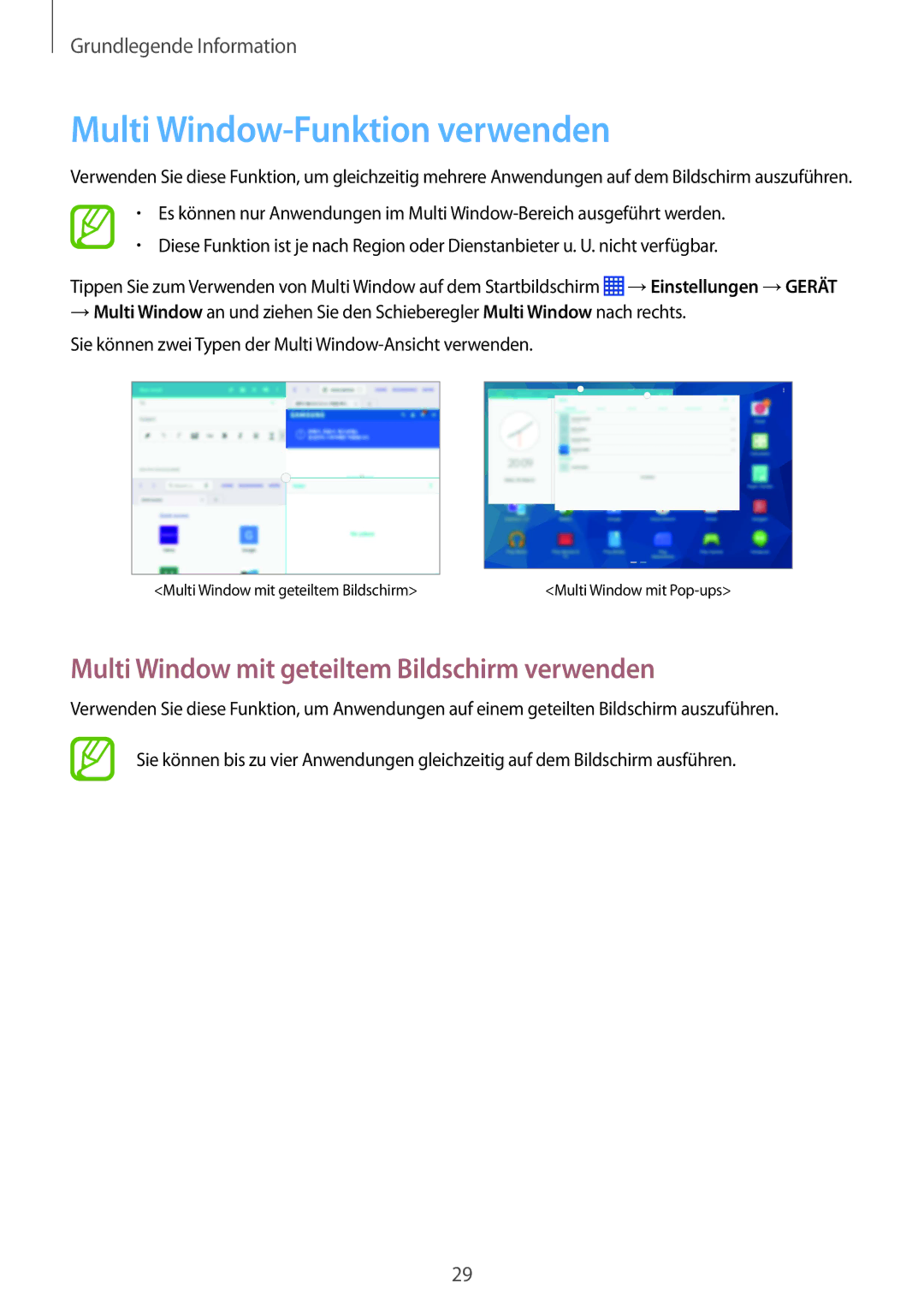 Samsung SM-P9050ZWAATO, SM-P9050ZWADBT Multi Window-Funktion verwenden, Multi Window mit geteiltem Bildschirm verwenden 