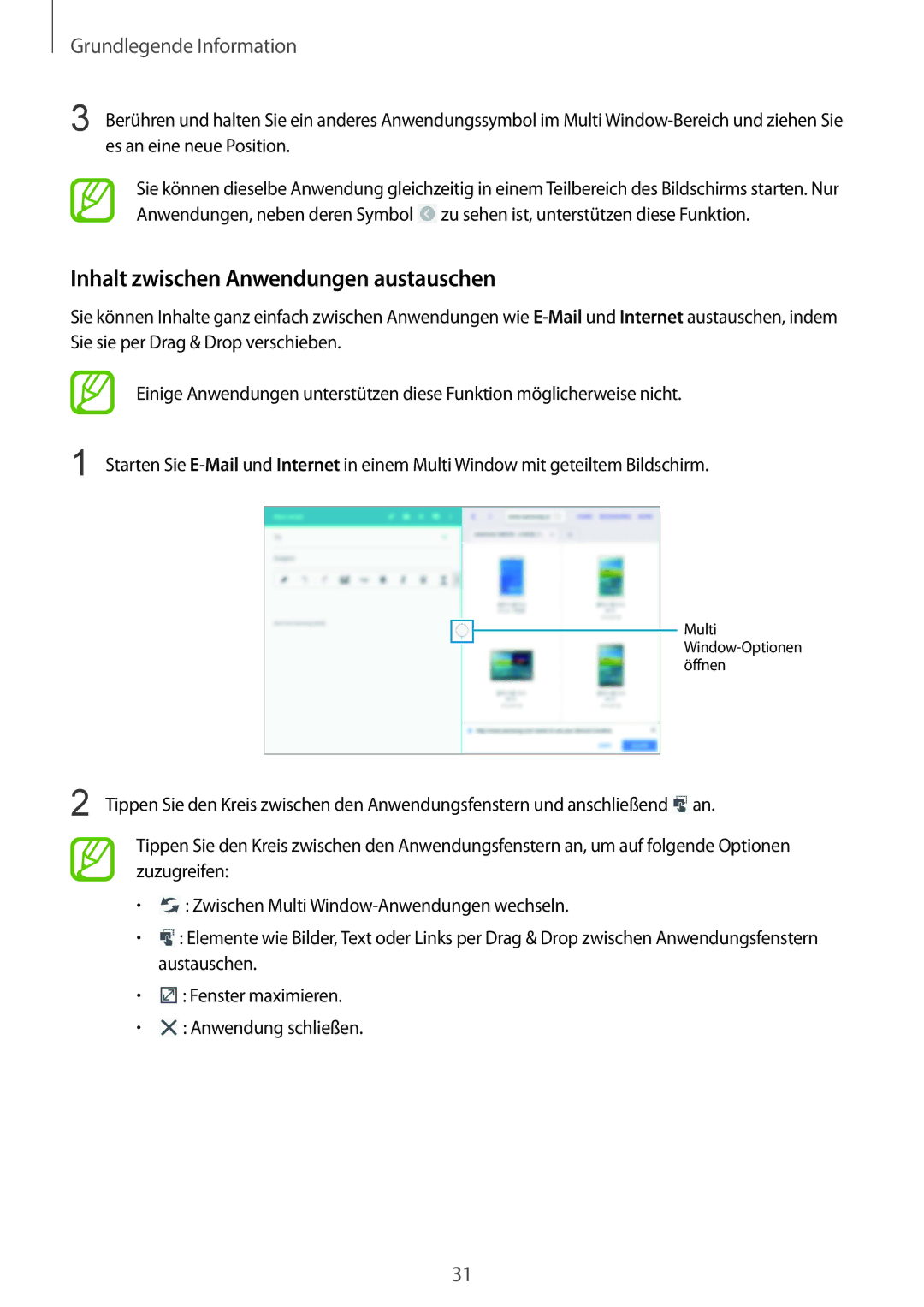 Samsung SM-P9050ZKADBT, SM-P9050ZWADBT, SM-P9050ZWAATO, SM-P9050ZKATPH manual Inhalt zwischen Anwendungen austauschen 