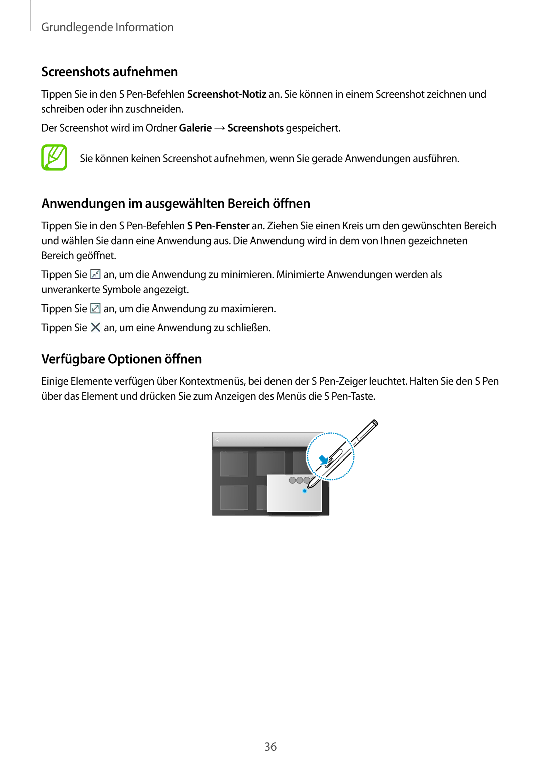 Samsung SM-P9050ZWAATO manual Screenshots aufnehmen, Anwendungen im ausgewählten Bereich öffnen, Verfügbare Optionen öffnen 