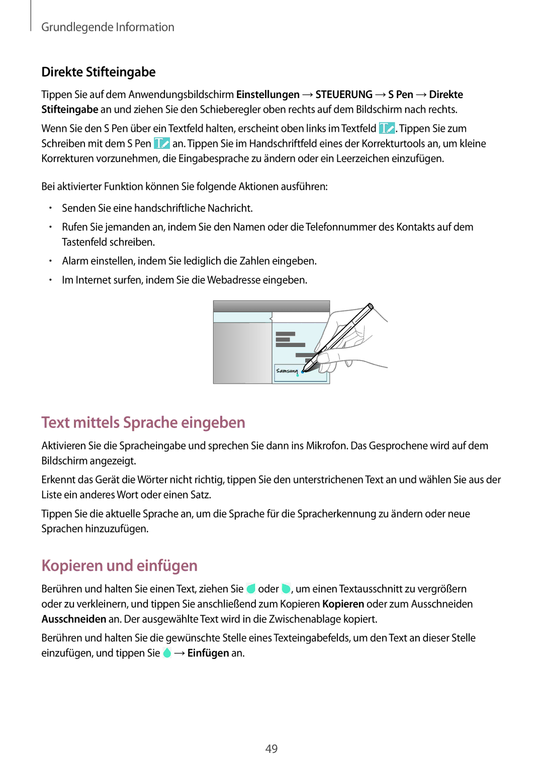 Samsung SM-P9050ZWADBT, SM-P9050ZWAATO manual Text mittels Sprache eingeben, Kopieren und einfügen, Direkte Stifteingabe 