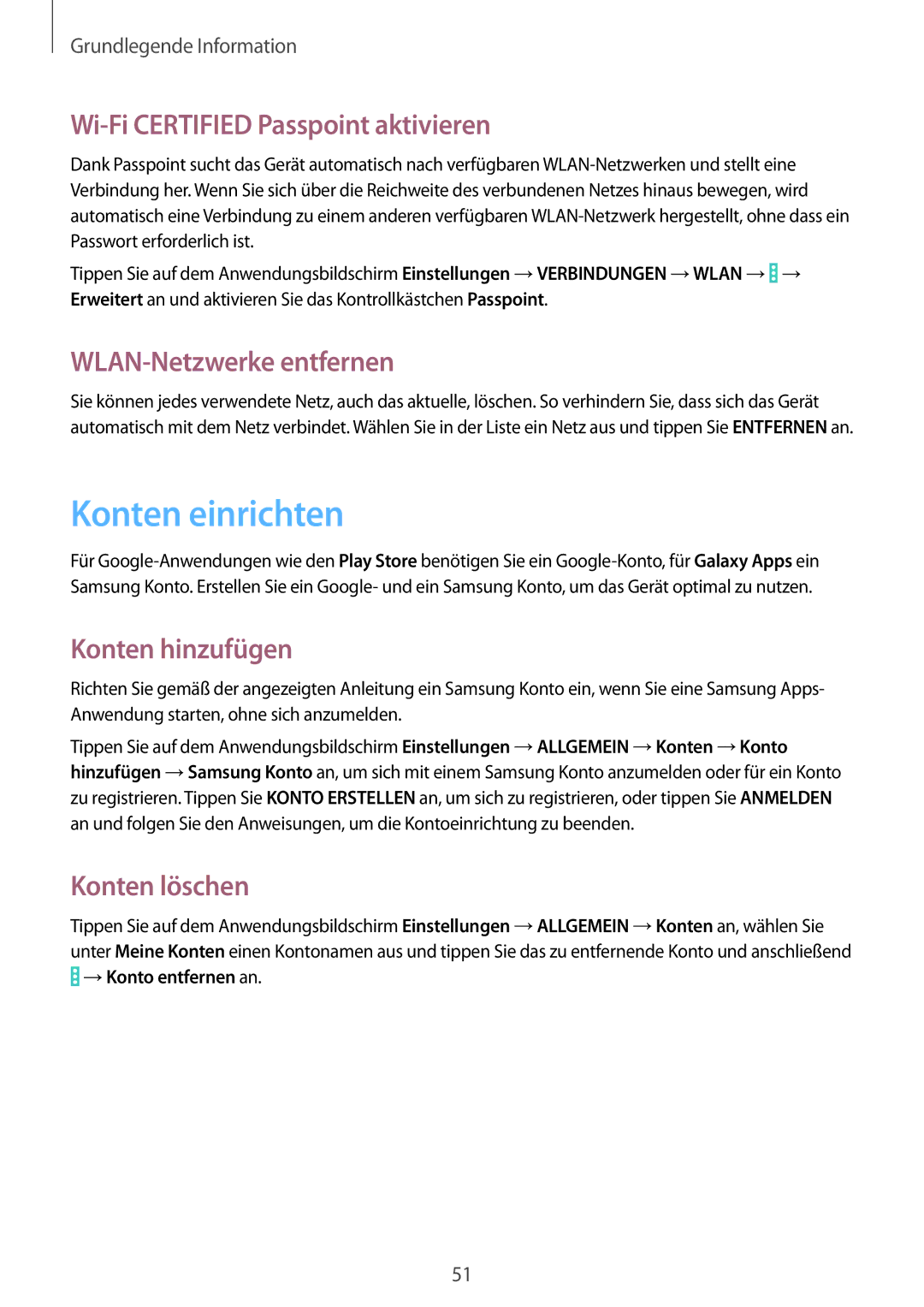 Samsung SM-P9050ZKATPH Konten einrichten, Wi-Fi Certified Passpoint aktivieren, WLAN-Netzwerke entfernen, Konten löschen 