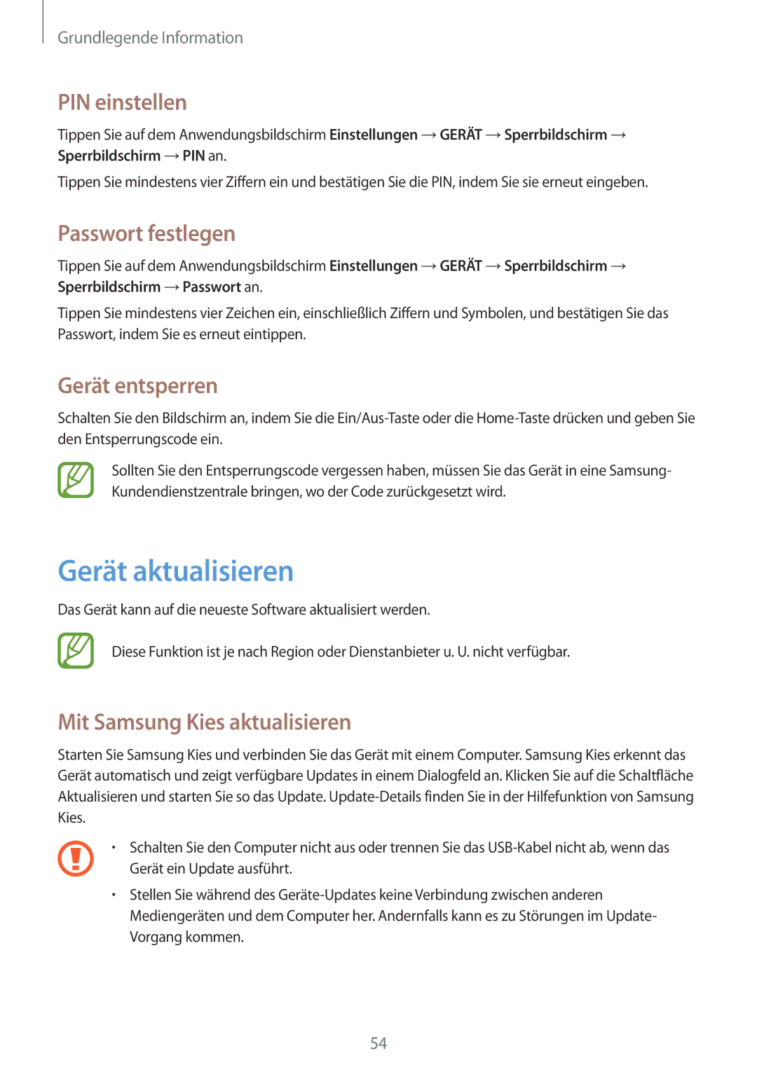 Samsung SM-P9050ZKAATO, SM-P9050ZWADBT manual Gerät aktualisieren, PIN einstellen, Passwort festlegen, Gerät entsperren 