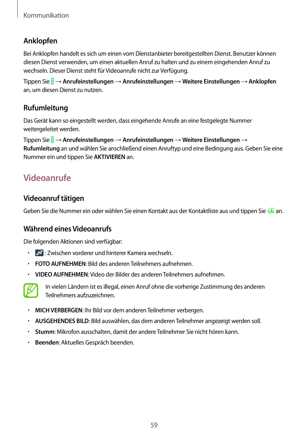 Samsung SM-P9050ZKADBT, SM-P9050ZWADBT Videoanrufe, Anklopfen, Rufumleitung, Videoanruf tätigen, Während eines Videoanrufs 