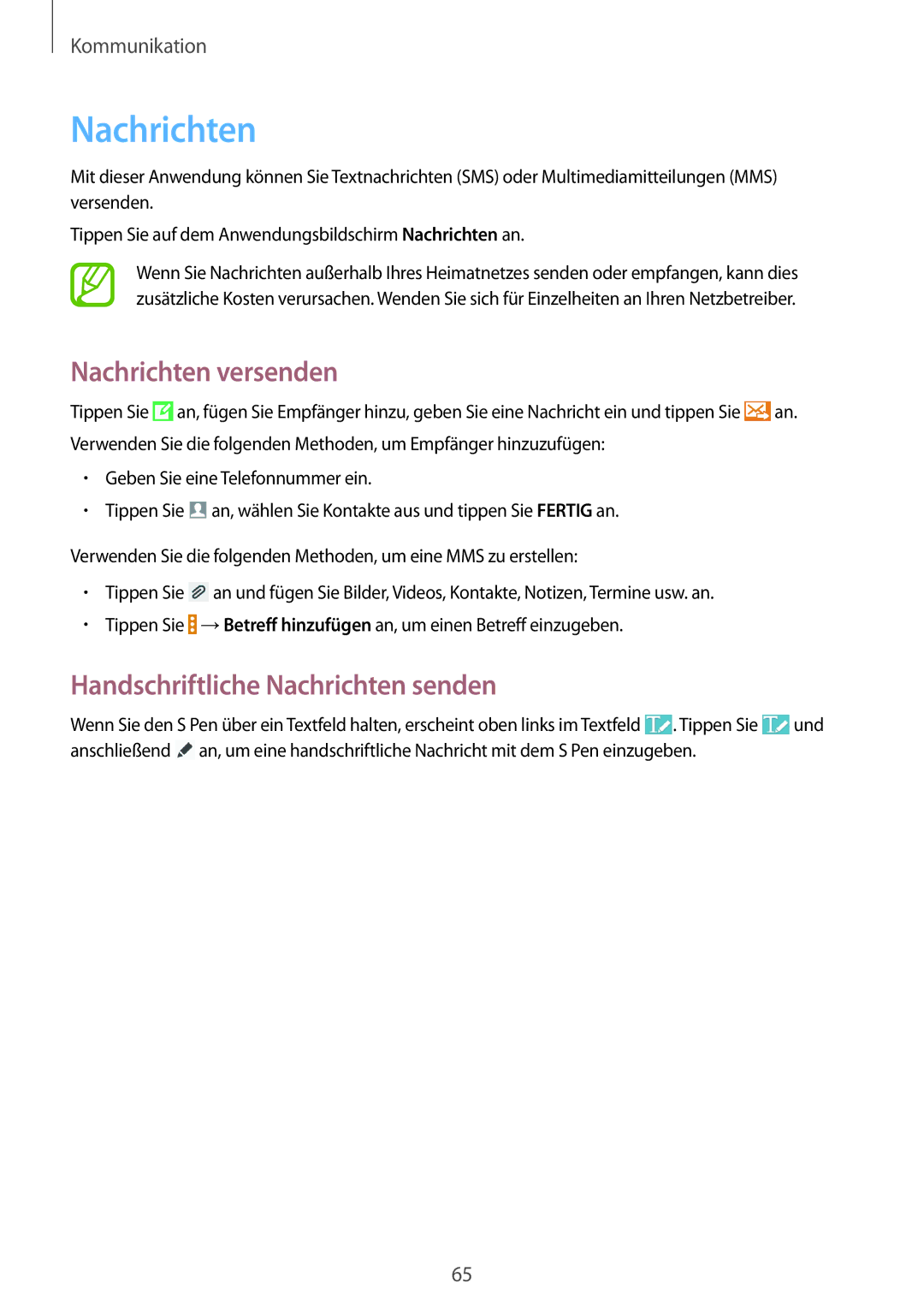 Samsung SM-P9050ZKATPH, SM-P9050ZWADBT, SM-P9050ZWAATO manual Nachrichten versenden, Handschriftliche Nachrichten senden 