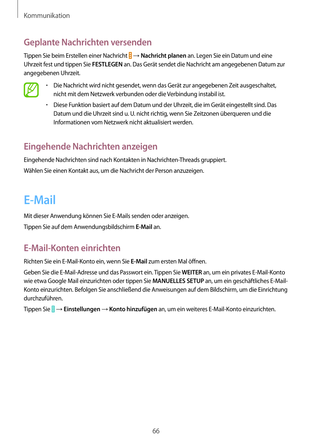 Samsung SM-P9050ZKADBT manual Geplante Nachrichten versenden, Eingehende Nachrichten anzeigen, Mail-Konten einrichten 
