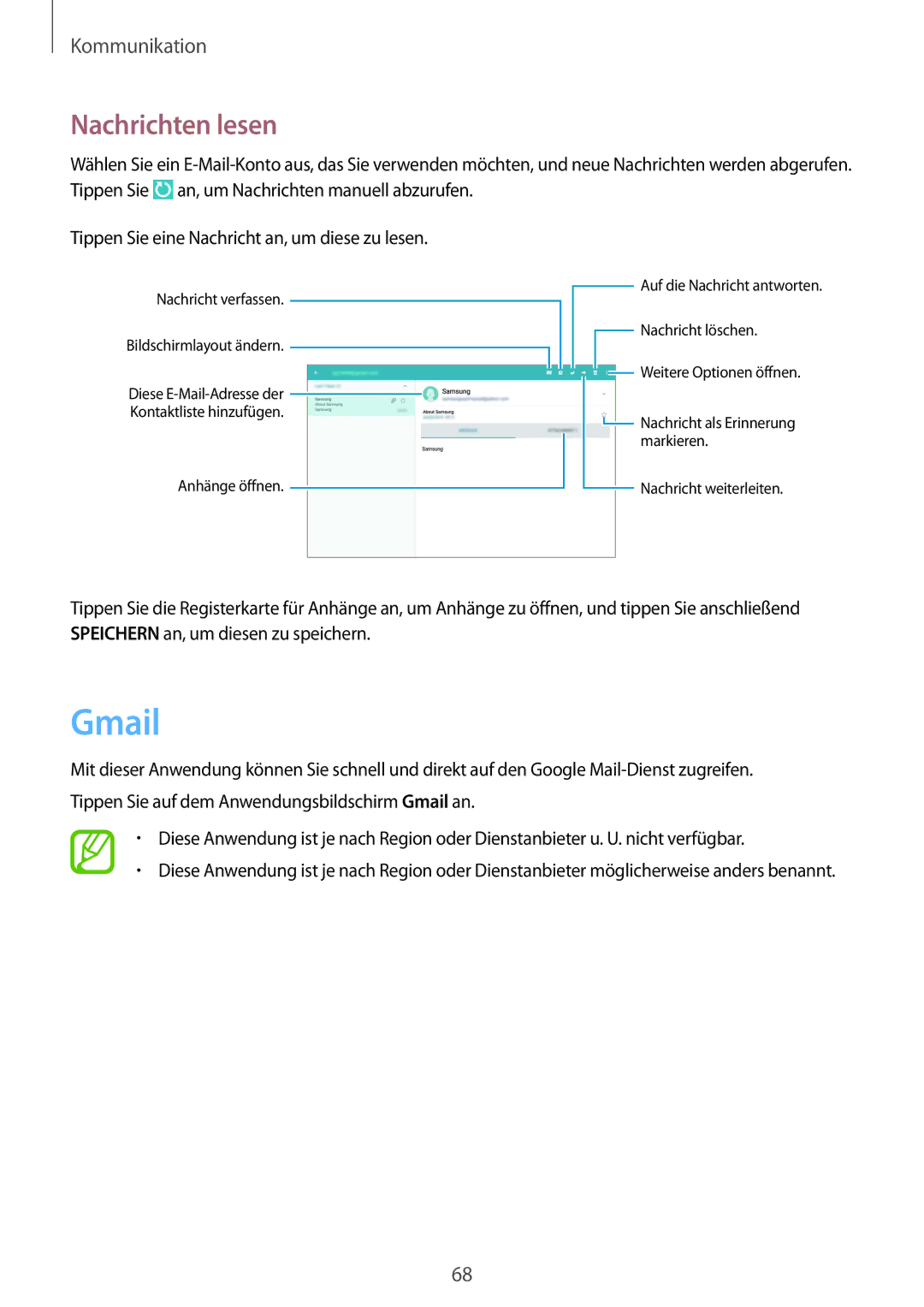 Samsung SM-P9050ZKAATO, SM-P9050ZWADBT, SM-P9050ZWAATO, SM-P9050ZKATPH, SM-P9050ZKADBT manual Gmail, Nachrichten lesen 
