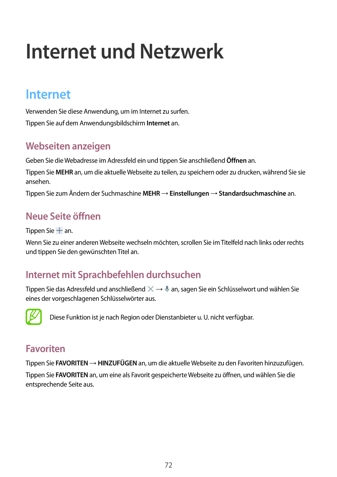 Samsung SM-P9050ZKATPH manual Webseiten anzeigen, Neue Seite öffnen, Internet mit Sprachbefehlen durchsuchen, Favoriten 