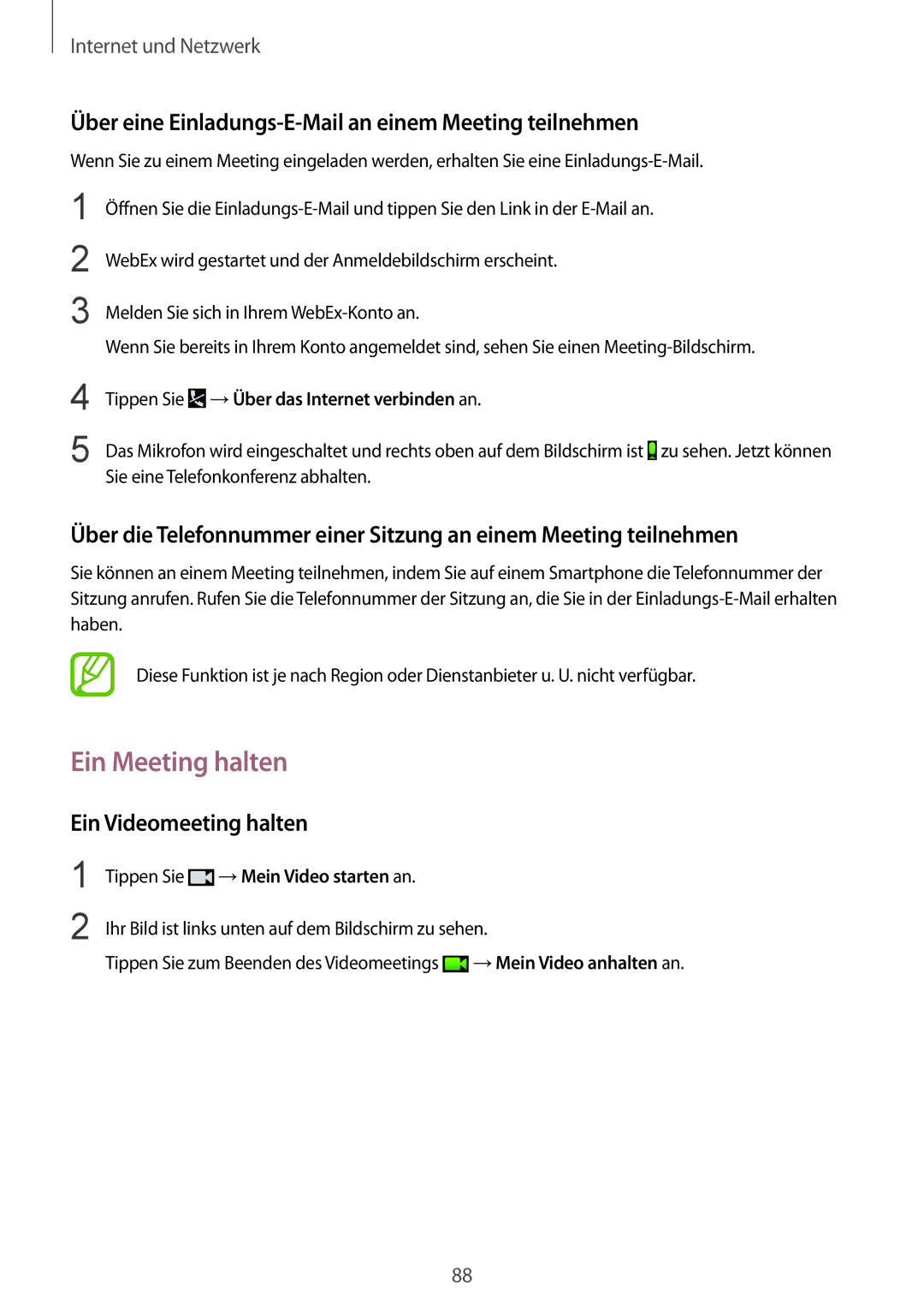 Samsung SM-P9050ZWATPH, SM-P9050ZWADBT manual Ein Meeting halten, Über eine Einladungs-E-Mail an einem Meeting teilnehmen 