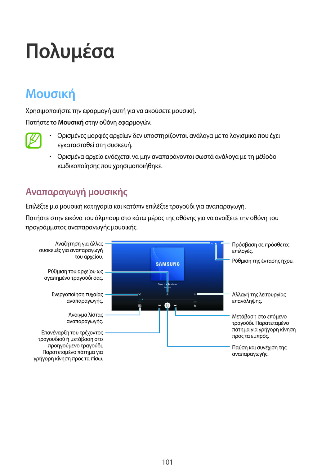 Samsung SM-P9050ZWYEUR, SM-P9050ZWAEUR, SM-P9050ZKYEUR, SM-P9050ZKAEUR manual Μουσική, Αναπαραγωγή μουσικής 