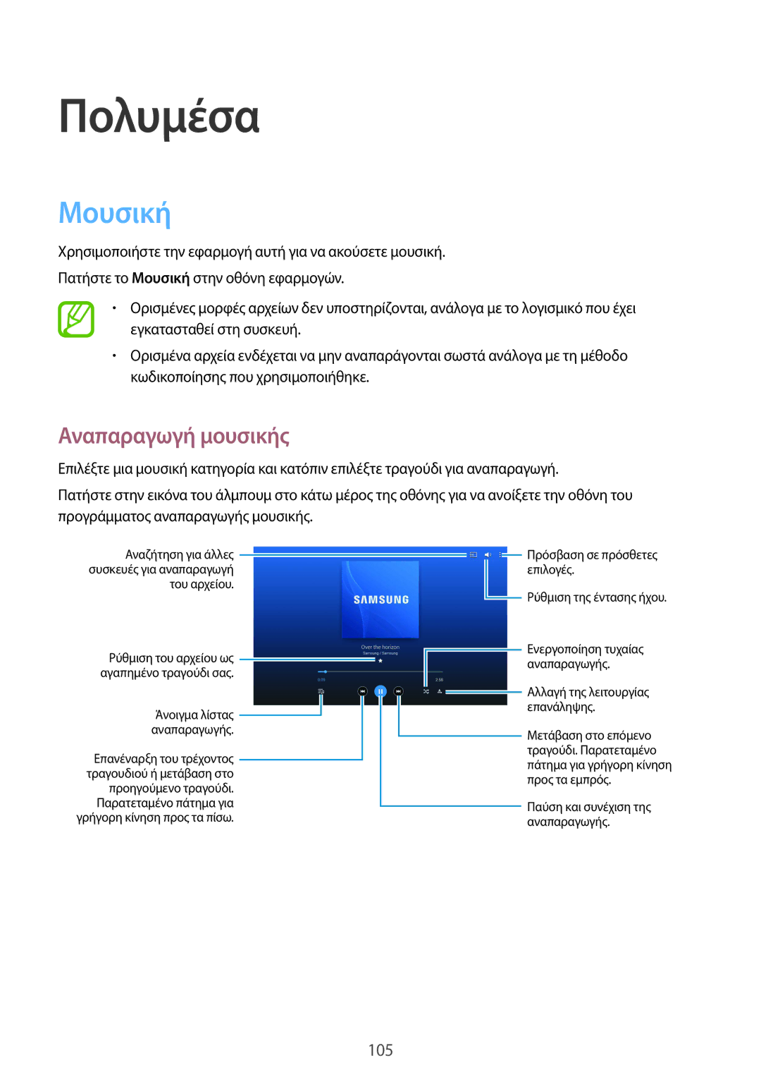 Samsung SM-P9050ZWYEUR, SM-P9050ZWAEUR, SM-P9050ZKYEUR, SM-P9050ZKAEUR manual Μουσική, Αναπαραγωγή μουσικής 