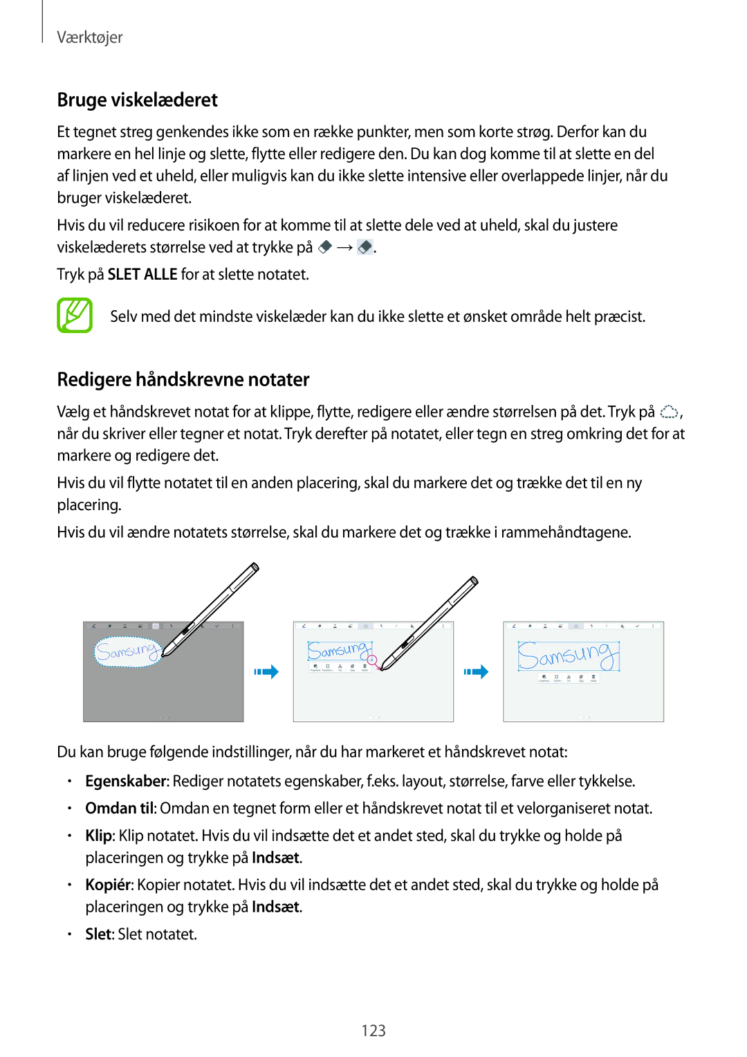 Samsung SM-P9050ZWYNEE, SM-P9050ZWANEE, SM-P9050ZKYNEE, SM-P9050ZKANEE manual Bruge viskelæderet, Redigere håndskrevne notater 