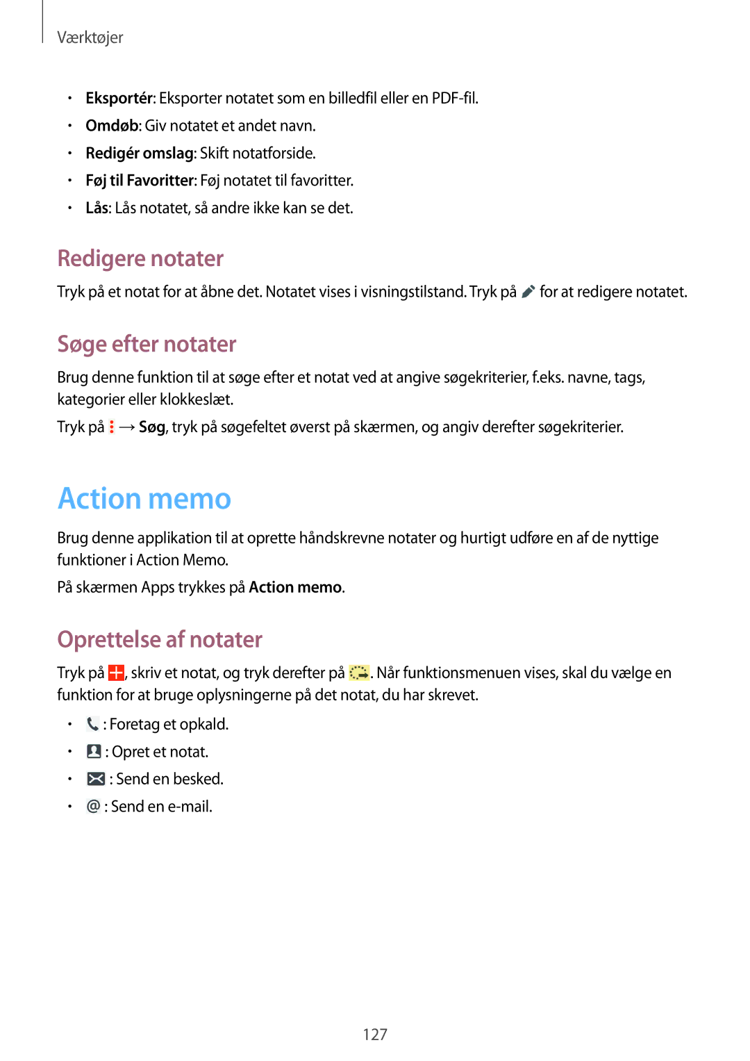 Samsung SM-P9050ZWYNEE, SM-P9050ZWANEE manual Action memo, Redigere notater, Søge efter notater, Oprettelse af notater 