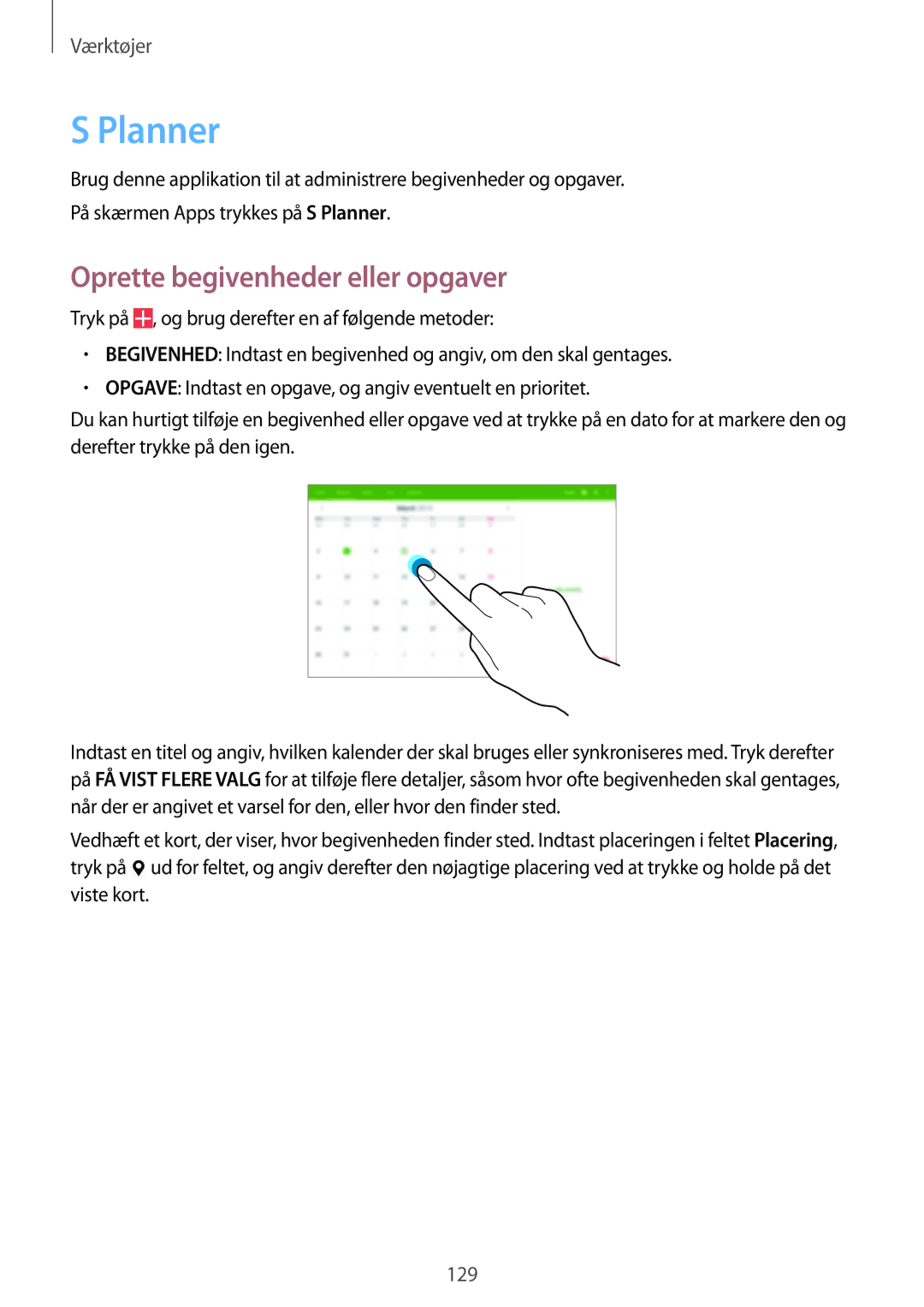 Samsung SM-P9050ZKYNEE, SM-P9050ZWANEE, SM-P9050ZKANEE, SM-P9050ZWYNEE manual Planner, Oprette begivenheder eller opgaver 