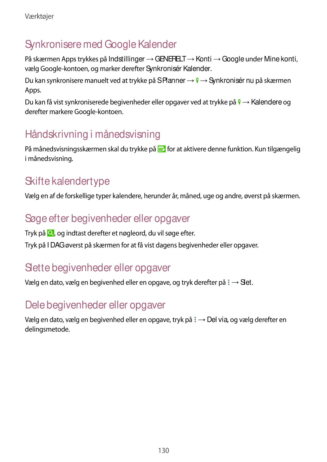 Samsung SM-P9050ZKANEE manual Synkronisere med Google Kalender, Håndskrivning i månedsvisning, Skifte kalendertype 