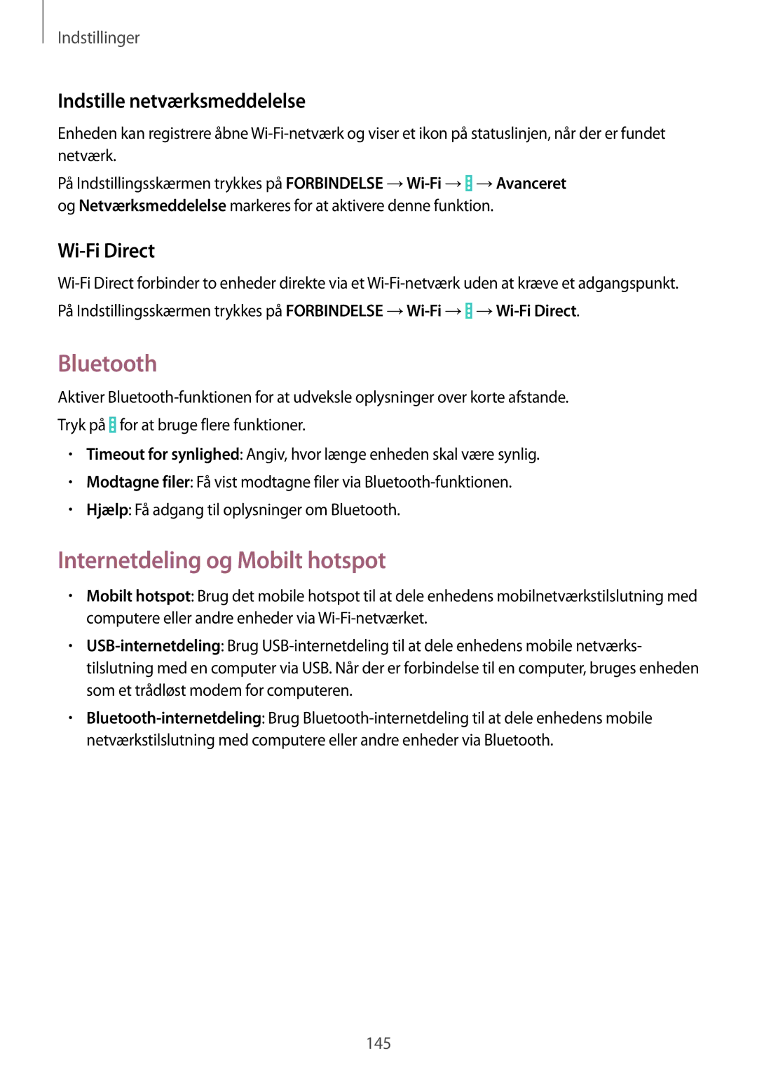 Samsung SM-P9050ZKYNEE manual Bluetooth, Internetdeling og Mobilt hotspot, Indstille netværksmeddelelse, Wi-Fi Direct 