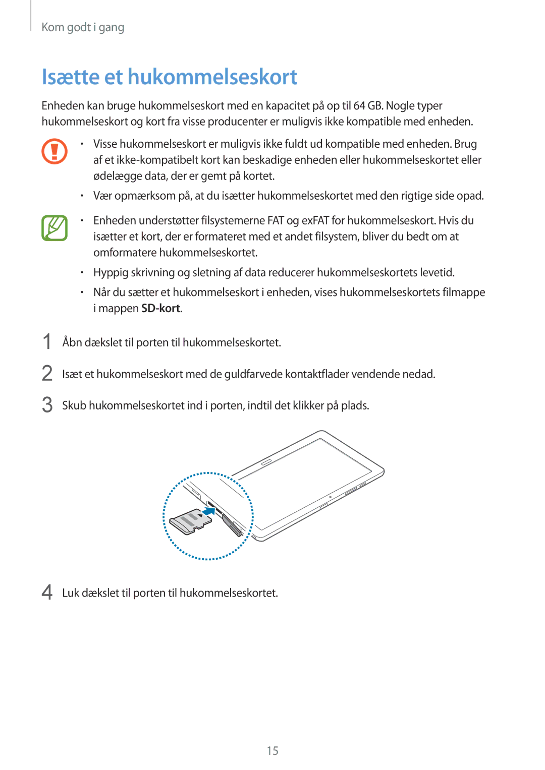 Samsung SM-P9050ZWYNEE, SM-P9050ZWANEE, SM-P9050ZKYNEE, SM-P9050ZKANEE manual Isætte et hukommelseskort 