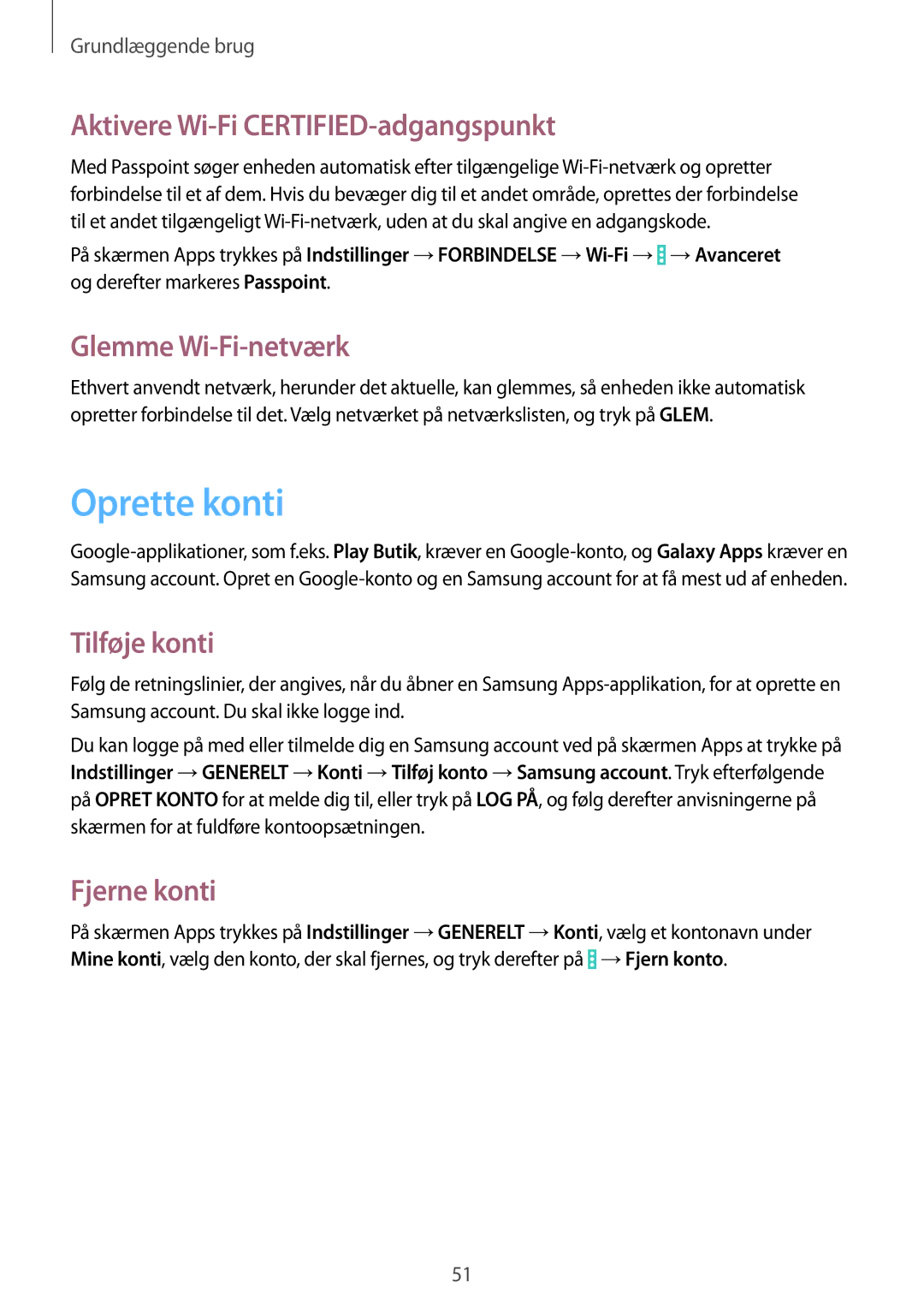 Samsung SM-P9050ZWYNEE manual Oprette konti, Aktivere Wi-Fi CERTIFIED-adgangspunkt, Glemme Wi-Fi-netværk, Tilføje konti 